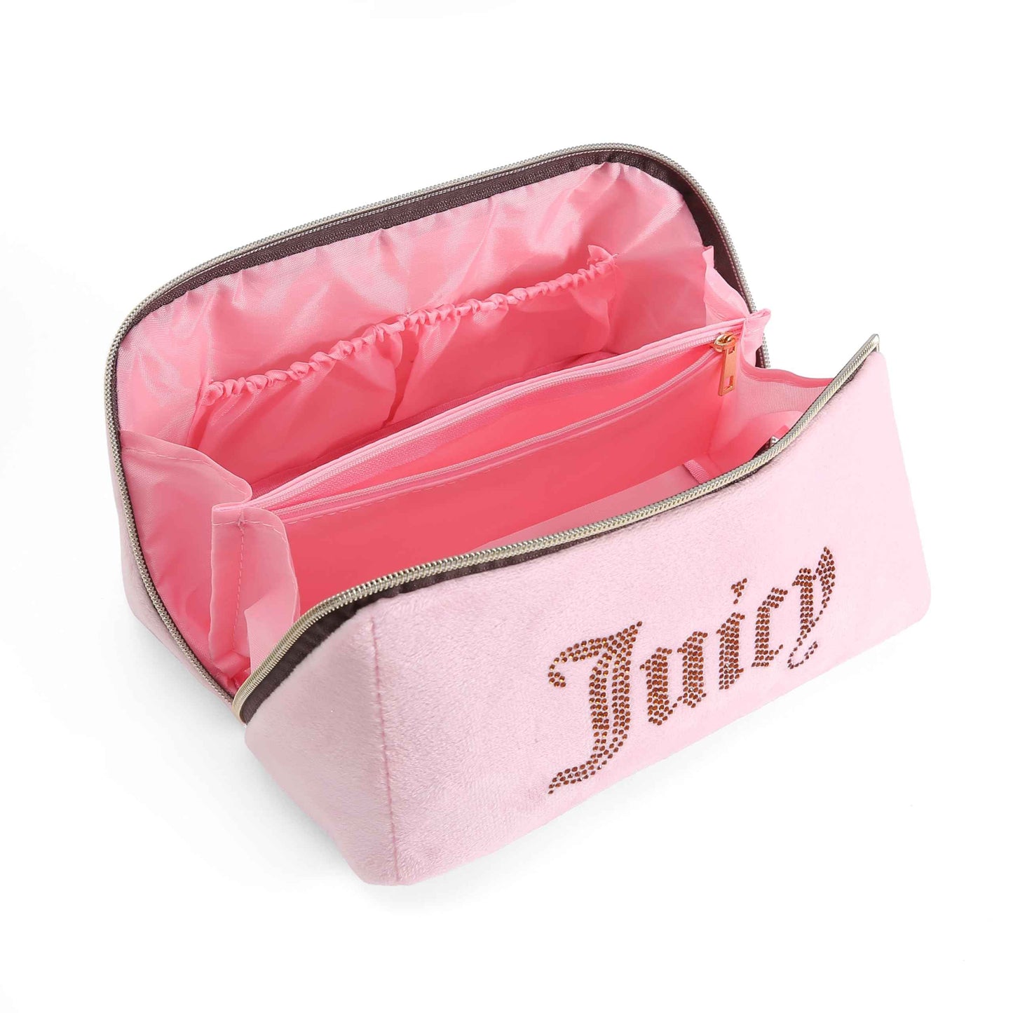 Juicy Couture Pink Brown Makeup Bag Cosmetics Organizer Travel Essentials Cross Zip Velour Rhinestone Brown Handle