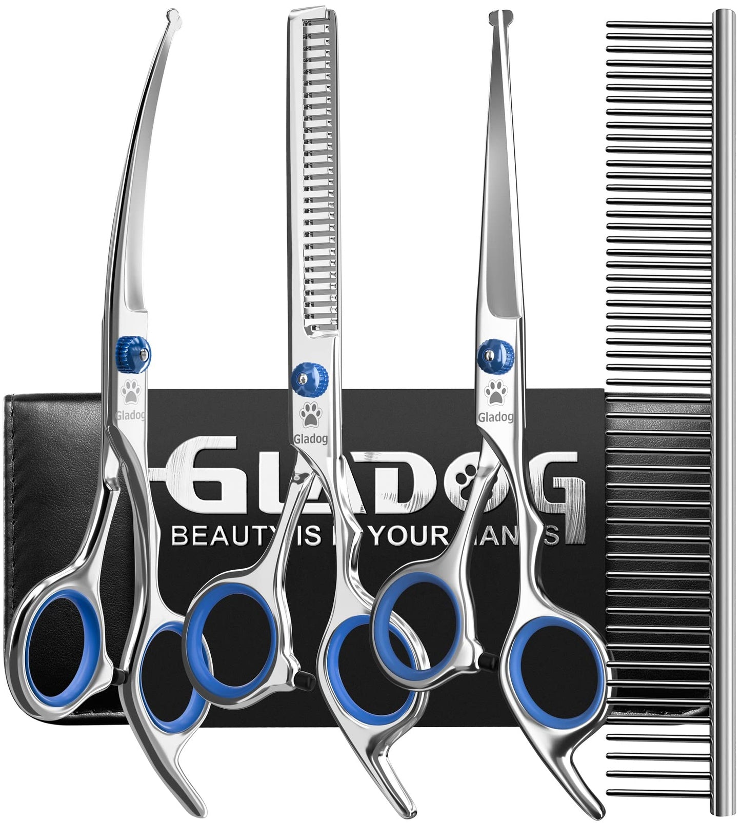 GLADOG Professional 5 in 1 Dog Grooming Scissors Set with Safety Round Tips, Sharp and Heavy-duty Pet Grooming Shears for Cats