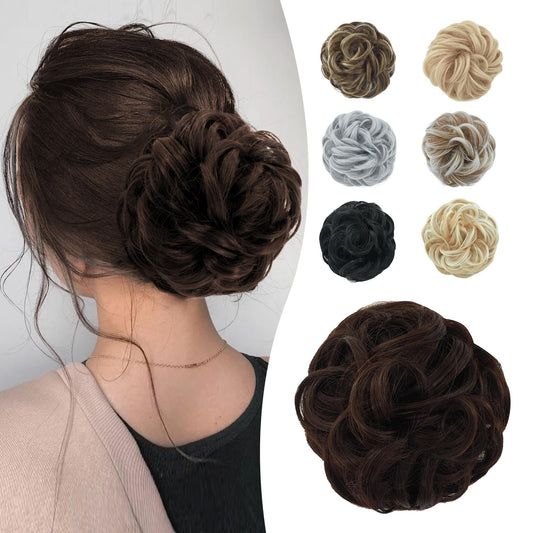 Lynclare Messy Bun Hair Piece Wavy Synthetic Hair Extension，Curly messy Bun Scrunchie Extensions for Women， Chignon Tousled Updo Ponytail Hairpieces with Elastic Rubber（Medium Brown）