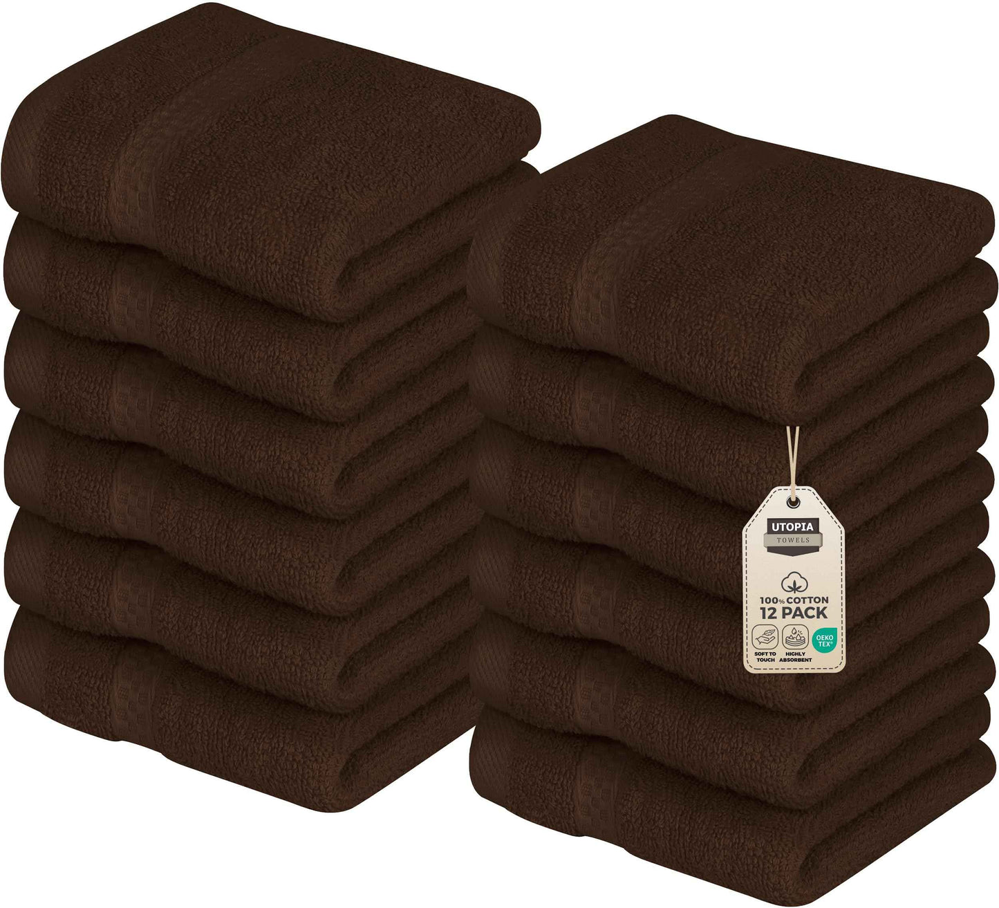 Utopia Towels 12 Pack Premium Wash Cloths Set, 12 by 12 Inches, 100% Cotton Ring Spun, Highly Absorbent and Soft Feel Essential Washcloths for Bathroom, Spa, Gym, and Face, Dark Brown