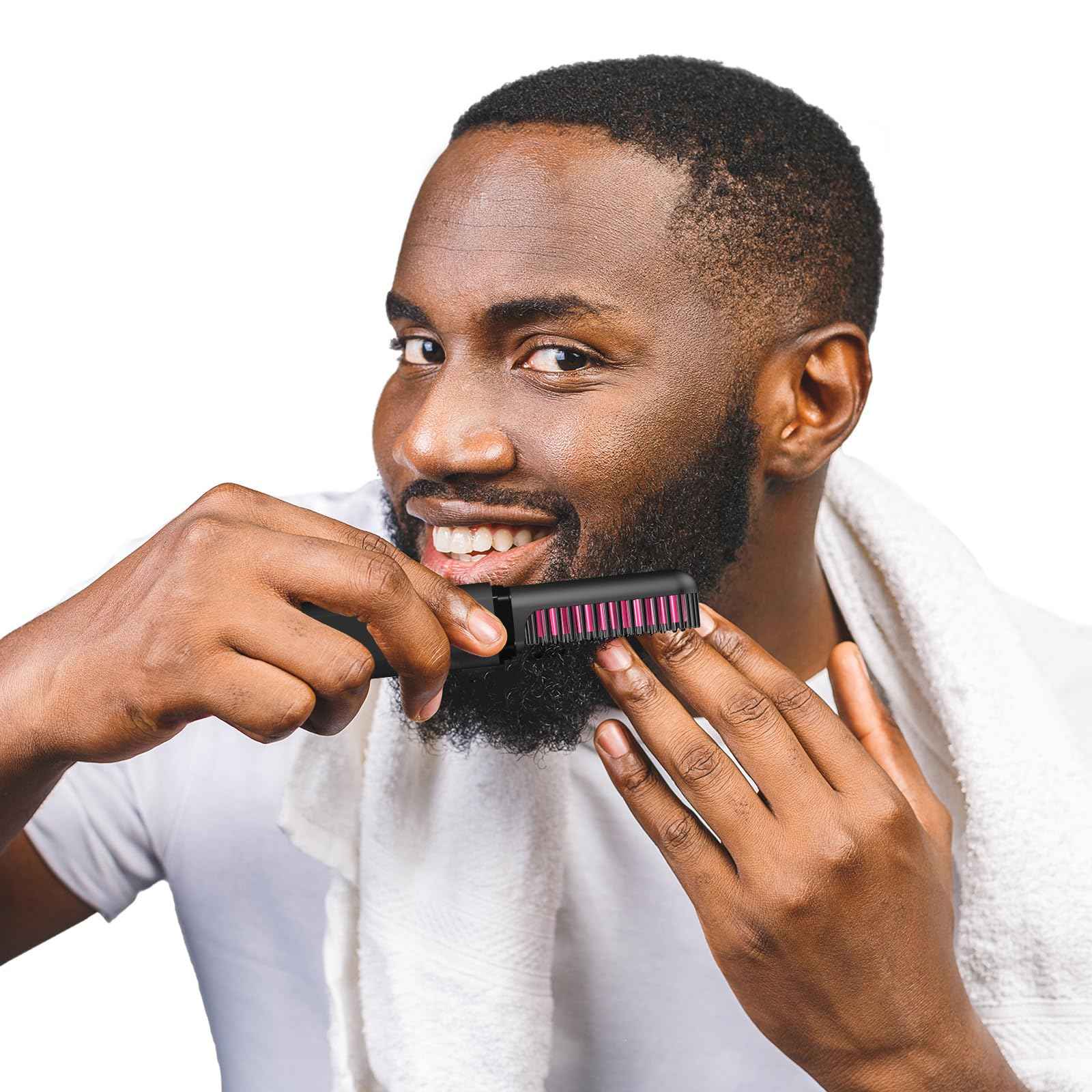 Beard Straightener for Men, Heated Beard Brush, Cordless Beard Hot Comb for Medium to Long Beards, with Travel Case, Rechargeable, 3 Temp Settings, Ionic Technology, Grooming Gift for Men(Black)