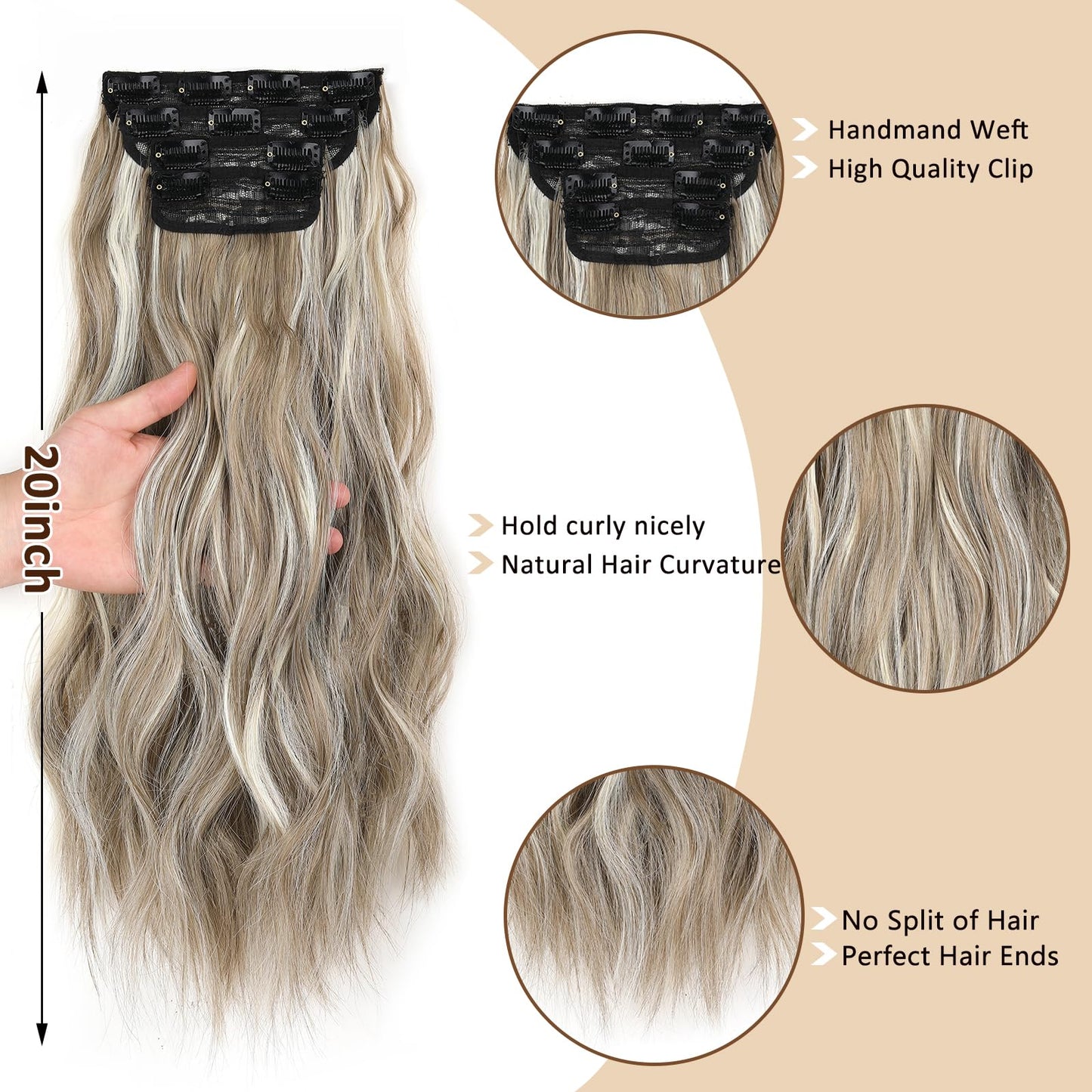 ZRQ Clip in Hair Extensions 20 In Long Wavy Ash Brown with BlondeHair Extensions Clip in 4Pcs Thick Soft Synthetic Clip in Hairpieces for Women Girls #12H613