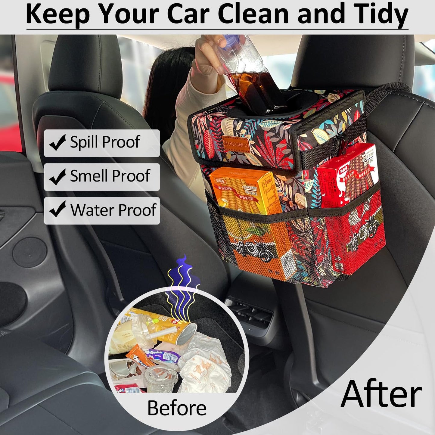 ELONGRIVER Car Trash Can Bin for Car Back Seat Leak Proof, Cute Car Trash Bag Hanging, Vehicle Trash Can for Suv Truck Van, Automotive Car Garbage Cans Front Seat Red Leaves