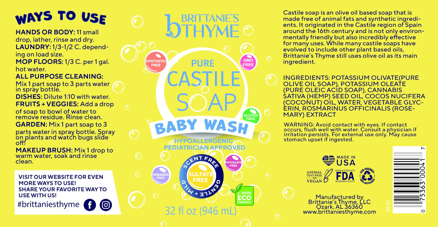 Brittanie’s Pure Castile Liquid Soap Refill, Unscented | Dish Soap, Hair & Body, Home, Gentle and Pure, Made with Natural Luxurious Oils, Vegan & Gluten Free Non-GMO (Pack of 2)