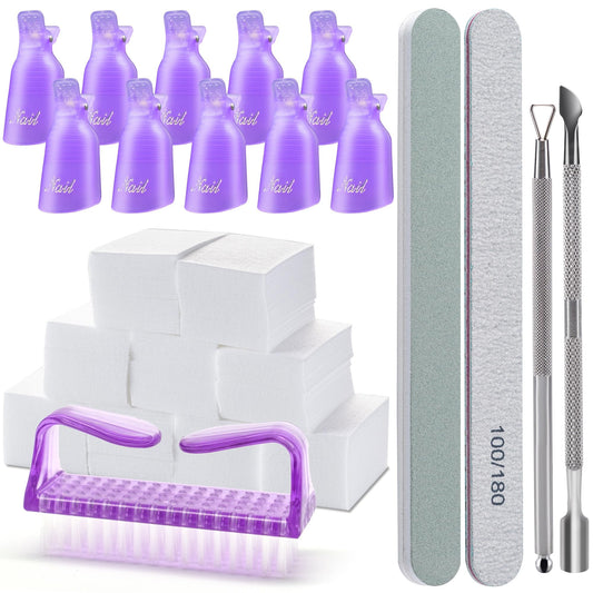 Gel Nail Polish Remover Tools Kit, with 10 Pcs Nail Clips, 400 Pcs Lint Free Nail Wipes, Nail Files 100/180, Buffer Block 400/4000, Nail Brush, Cuticle Pusher, Cuticle Peeler (Purple)