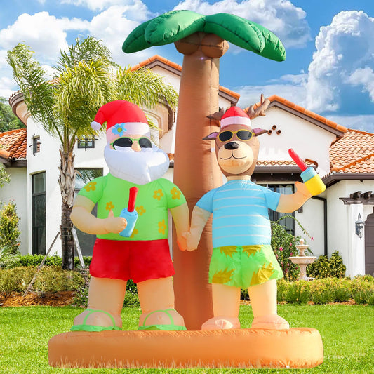 8FT Christmas in July Inflatables, Hula Santa Claus and Reindeer on Beach Palm Tree Blow up Giant Yard Decoration, Outdoor Built-in LED Lights Party Lawn Holiday Winter Decor Outside