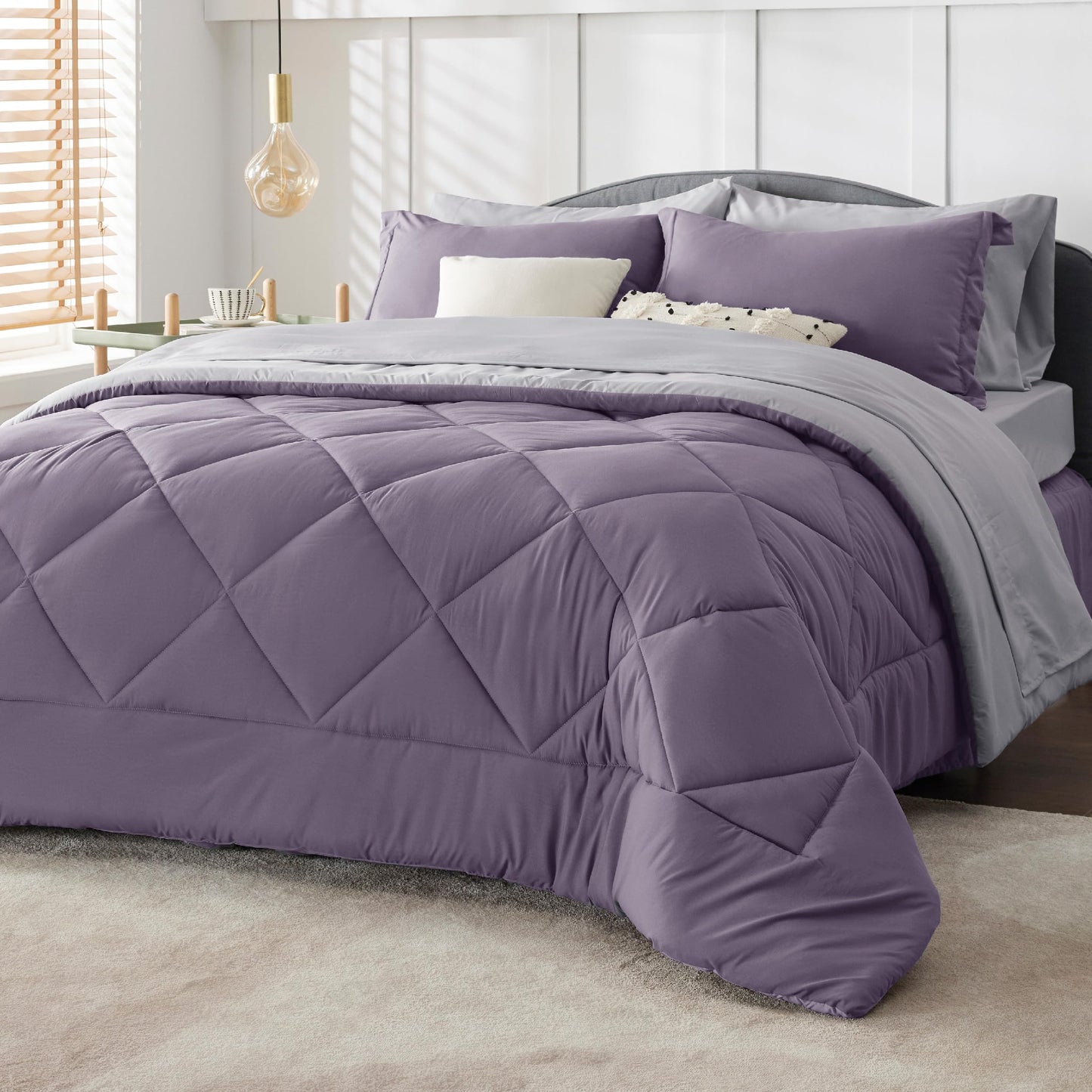 Bedsure Grayish Purple Twin Comforter Set - 5 Pieces Reversible Twin Bed in a Bag, Extra Long Twin Bed Set Grayish Purple and Grey with Comforters, Sheets, Pillowcase & Sham