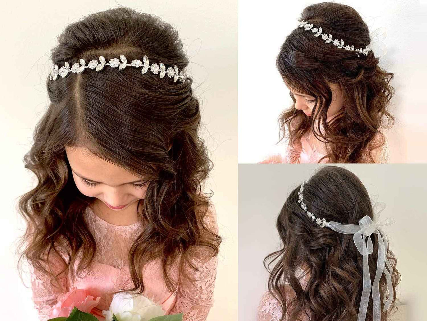 SWEETV 2pcs Flower Girl Headpiece Sliver Wedding Headband for Girls, Crystal & Pearl Hair Accessories for Birthday Party, First Communion