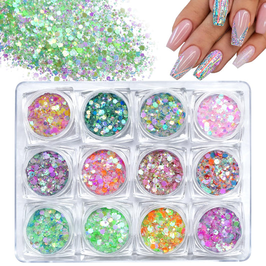 LuckForever 12 Colors Iridescent Chunky Glitter Illusion Candyfloss Sequins Powder Chunky Glitter for Crafts Makeup Glitter Nail Glitter Flakes for Nails Art Decoration Body DIY Craft