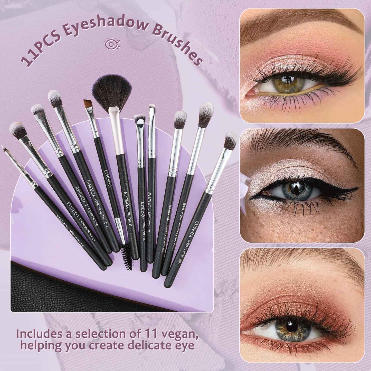 ENERGY Eyeshadow Brush Set 11PCS Professional Makeup Brushes for Eye Shadow Brows Smudge Concealer Eyeliner Eyelash Highlighter Blending Vegan Synthetic Face Make Up Kit with Travel Case Black