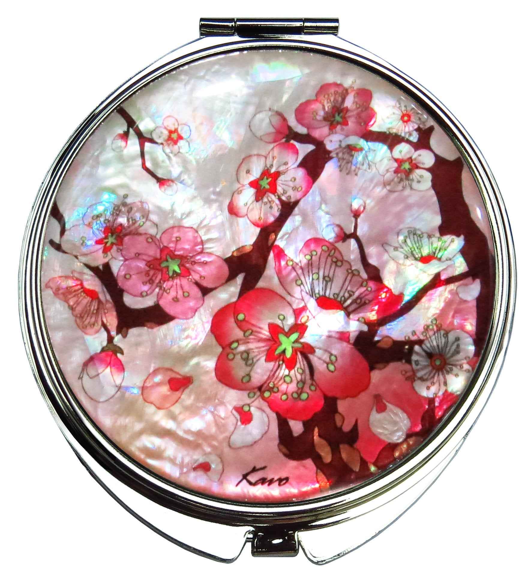 MADDesign Mother of Pearl Pink Makeup Mirror Compact Folding Magnify Apricot Tree Flowers Design