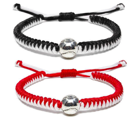 Handmade Braided Bracelets Baseball Gifts for Boys Adjustable Wristbands with Baseball Beads, Inspirational Baseball Bracelets for Girls Teens Adults (Red and Black 2PCS)