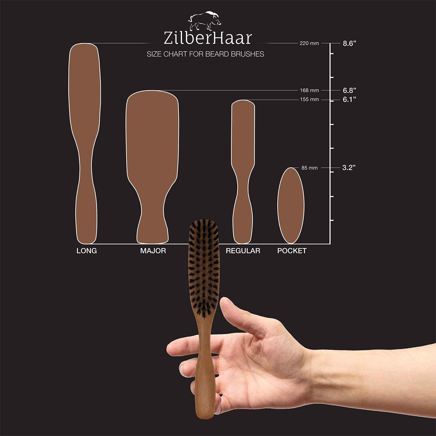 ZilberHaar Long Hair & Beard Brush - Made From Stiff First Cut Boar Bristles And Pearwood - Perfect Beard Care for Men - Works with all Beard Balms and Oils - 8.5 inches long