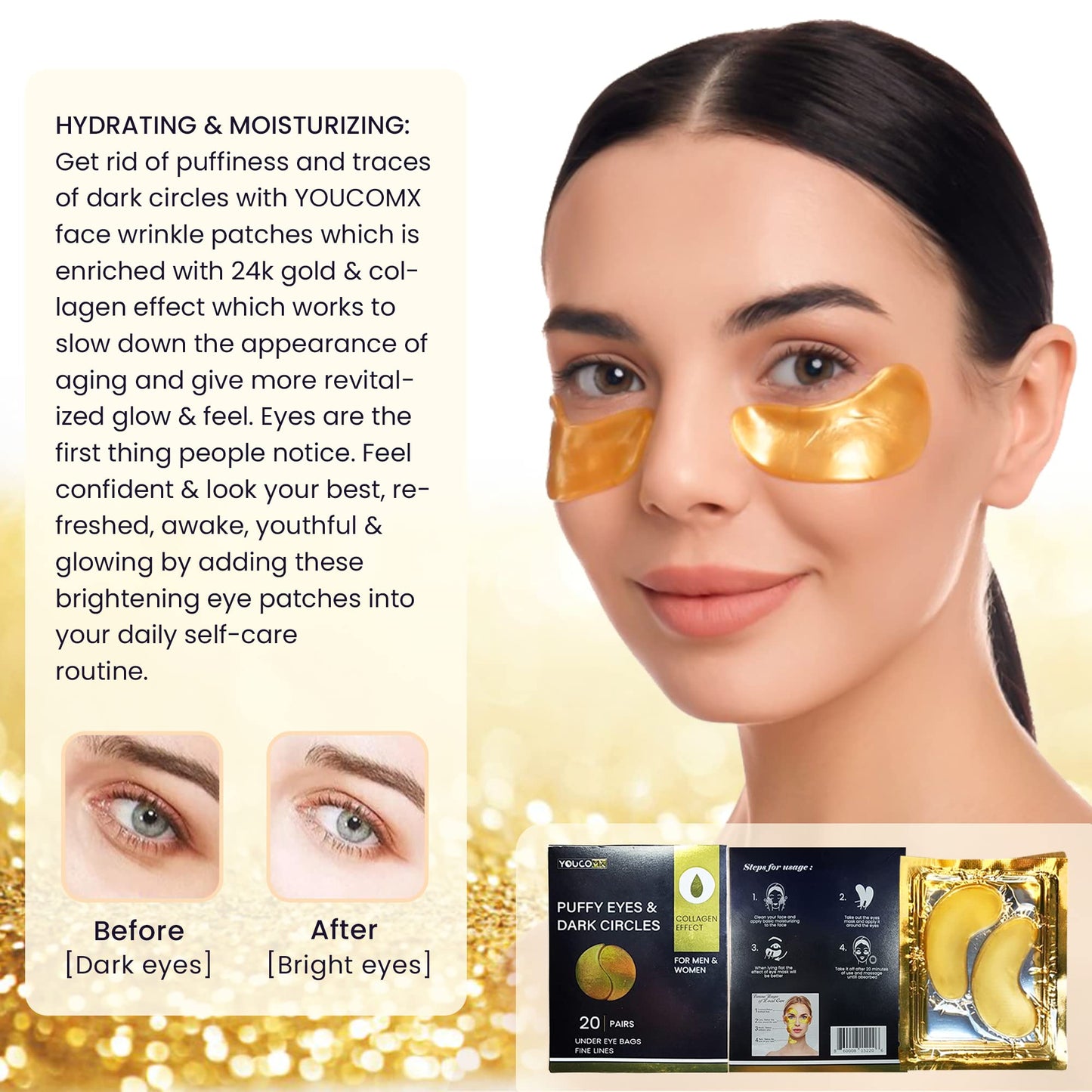 YoucomX - Eye Mask Under Eye Patches for Puffy Eyes & Dark Circles 20 Pairs Eye Gels Pads Reduce Wrinkles Treatments - Eye Bags Refresh Your Skin