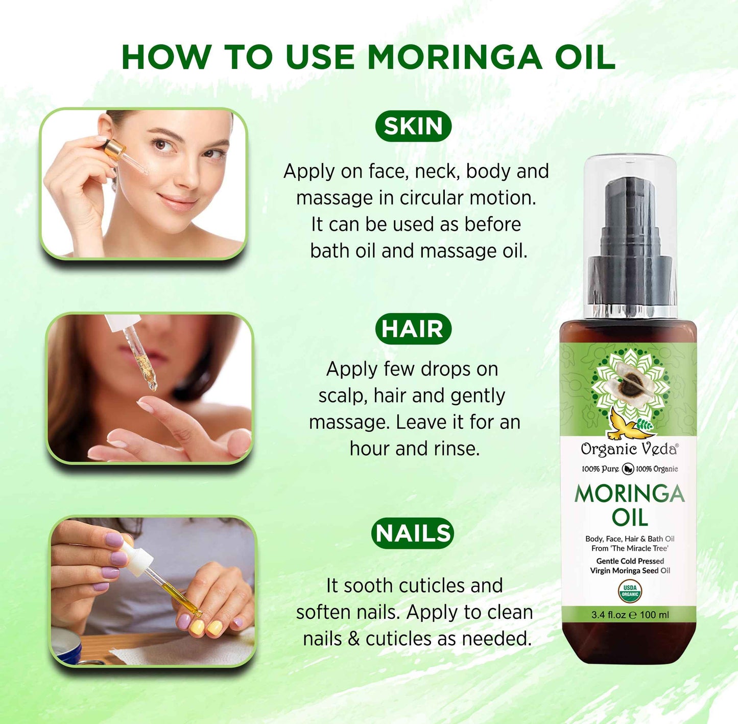Organic Veda Moringa Oil Virgin 100% Pure & USDA Organic - Multi Purpose, Face, Hair & Skin, Nails, Fast Absorbing, Moisturizing & Beautifying - The Miracle Tree Moringa Oleifera Seed Oil, 3.4 fl.oz