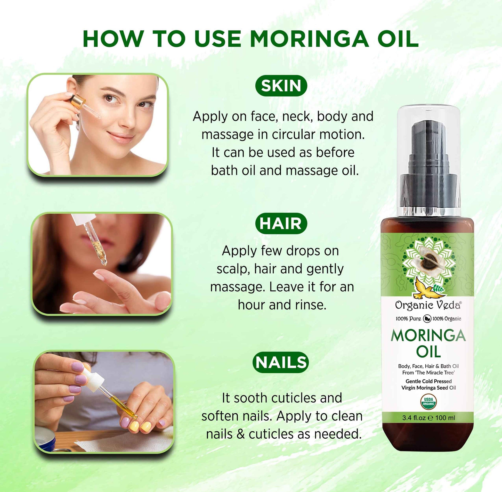 Organic Veda Moringa Oil Virgin 100% Pure & USDA Organic - Multi Purpose, Face, Hair & Skin, Nails, Fast Absorbing, Moisturizing & Beautifying - The Miracle Tree Moringa Oleifera Seed Oil, 3.4 fl.oz