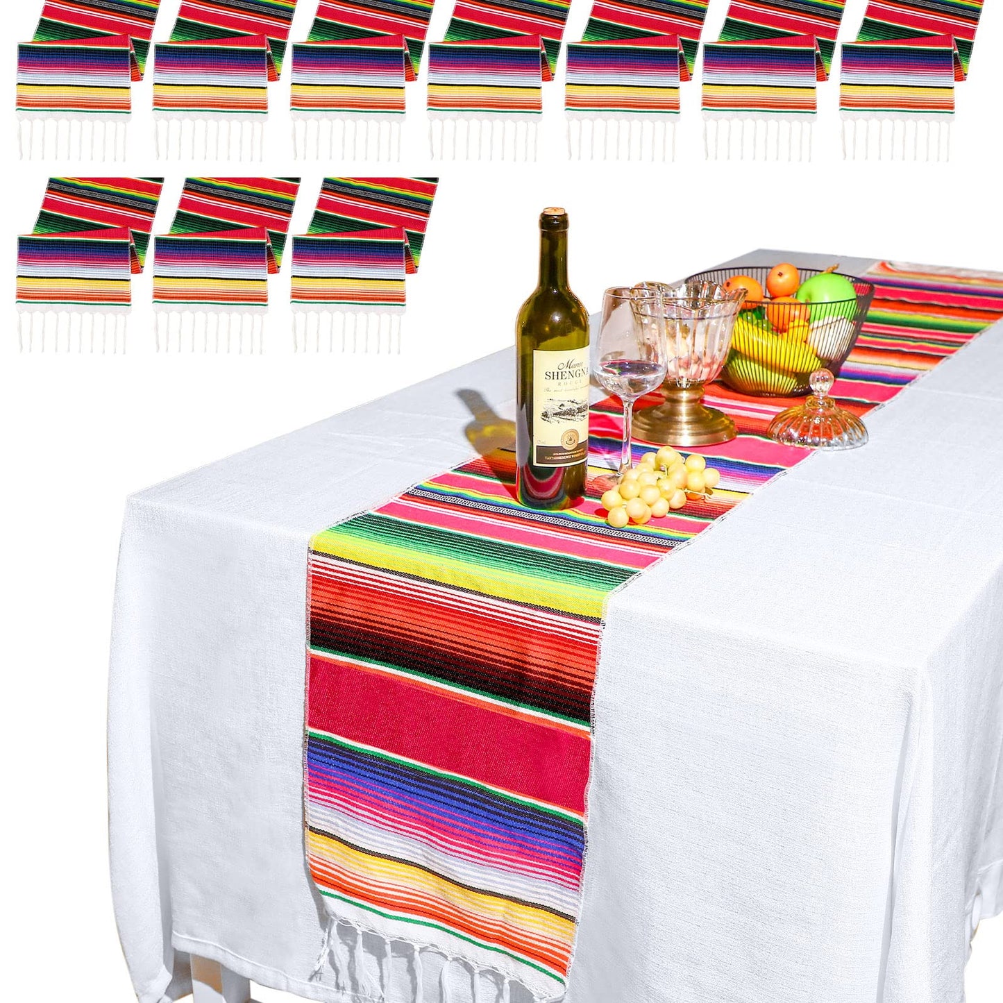 10 Pieces Mexican Serape Table Runners 14 x 84 Inch Mexican Theme Party Table Decorations Fringe Cotton Table Runner Cinco De Mayo Mexican Fiesta Party Runners Decor