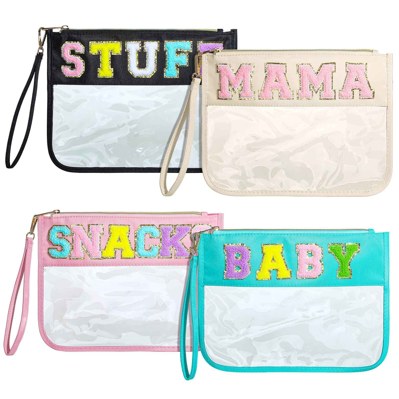 Buryeah 4 Pcs Chenille Letter Pouch Flat Nylon Clear Snack Bags Flat Multipurpose Zipper Makeup Bag for Travel Toiletry Bag Water-proof Cosmetic Pouch for Women(Simple Style)