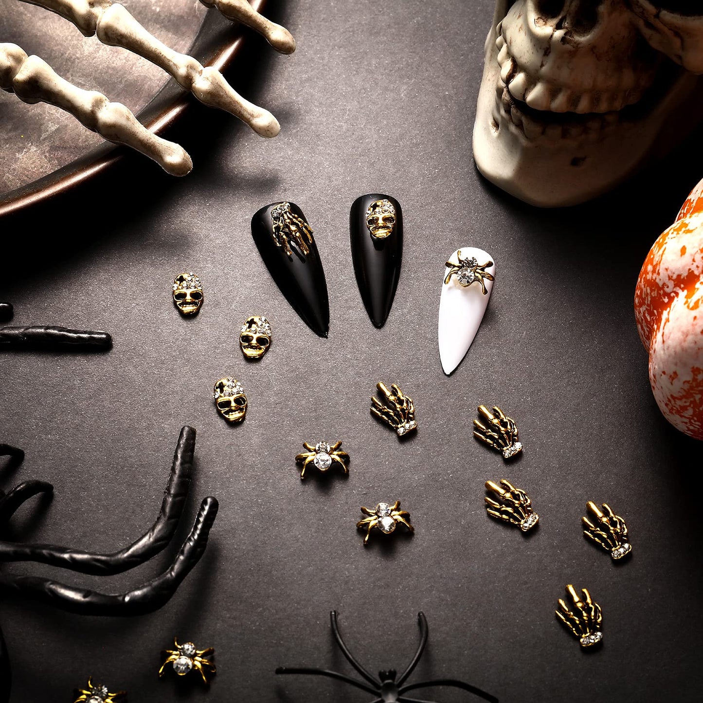 60 Pieces Halloween Nail Charms Skull Spider Nail Charms Skull 3D Spider with Rhinestones Halloween Nail Jewelry Vintage Alloy Skeleton Hand Nail Accessories for Women(Antique Gold)