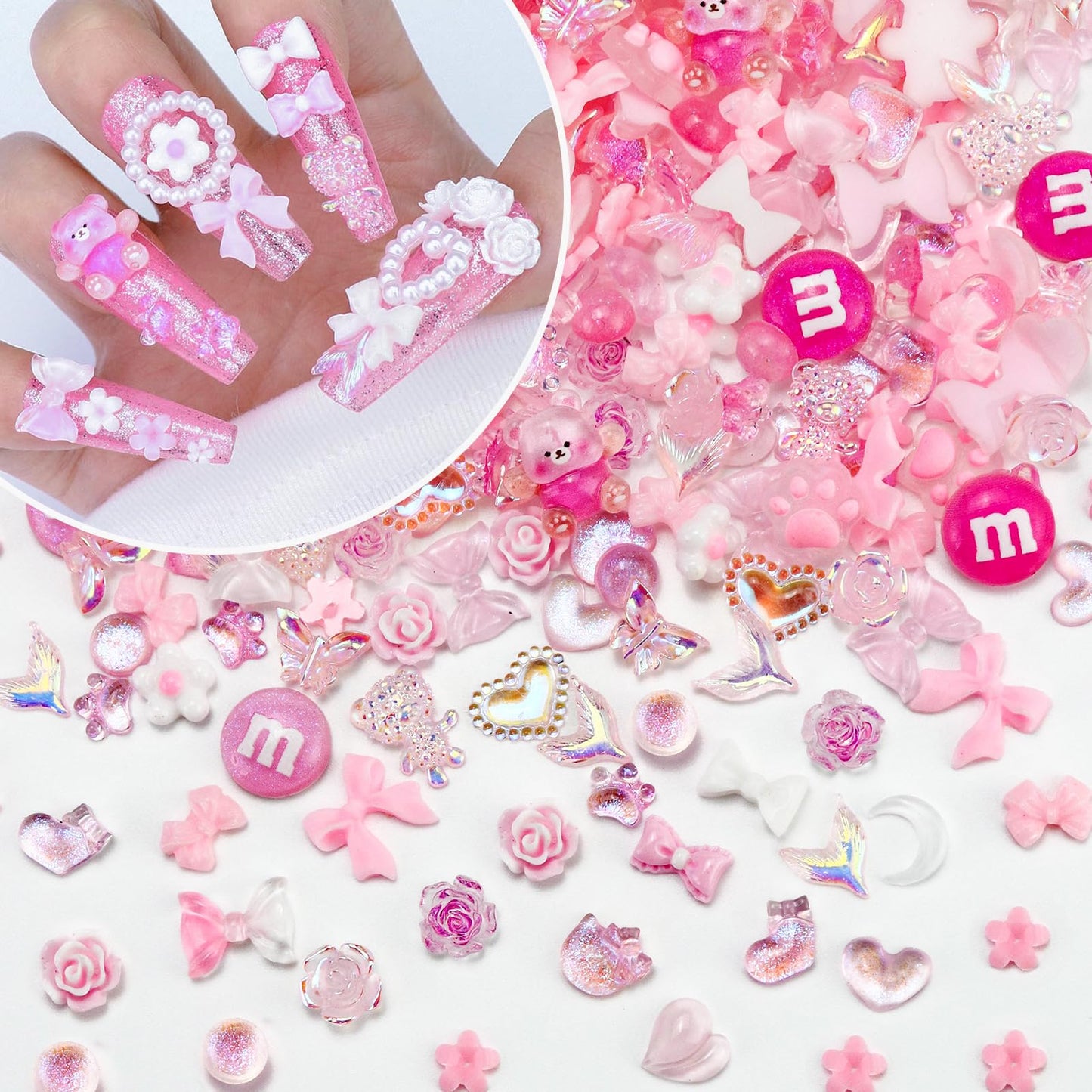 Briskbloom 320PCS Pink Assorted Mix 3D Nail Charms, Cute Resin Charms for Acrylic Nail Decoration DIY Crafts, Flatback Kawaii Y2K Heart Star Bow Flower Embellishments