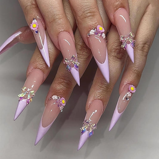 MERVF Long Press on Nails Almond Fake Nails Purple French Tip Glue on Nails 3D Flower Press ons Stiletto Acrylic False Nails with Laser Bow Design 24pcs Glossy