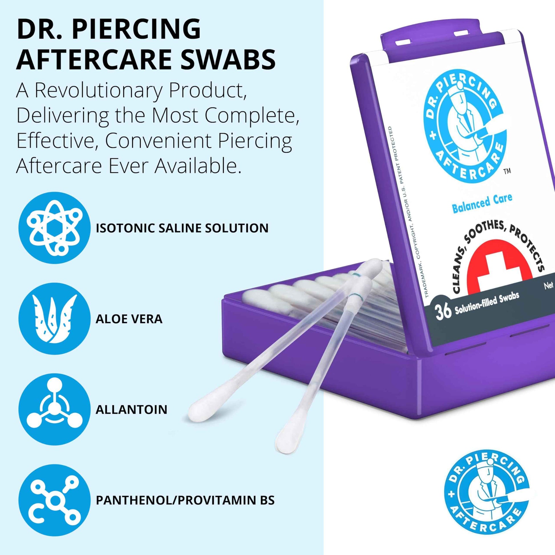 Dr. Piercing Aftercare Swabs - Saline Solution for Piercings - Earring Nose Belly Ear Piercing Cleaner - Saline Wash, Ear Hole Cleaner – Piercing Aftercare Formula - 36 Swabs