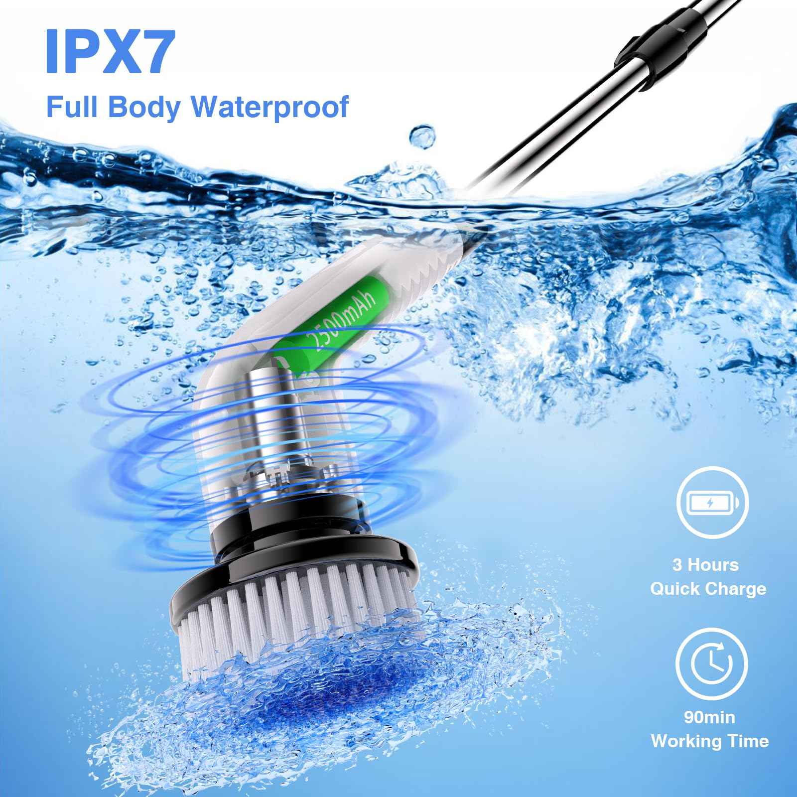 Electric Spin Scrubber Cordless Full Body Waterproof Cleaning Brush with Displaying Battery Level, 7 Replaceable Heads, Dual Speed, and Detachable Telescopic Handle for Kitchen Living Room Bathroom