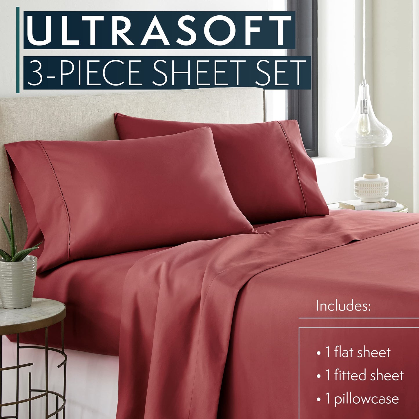 Twin Sheets Set, 3 pc Bed Sheets & Pillowcase Set - Machine Washable for Easy Care - Soft & Breathable All Season Microfiber Sheets with Deep Pockets - Burgundy