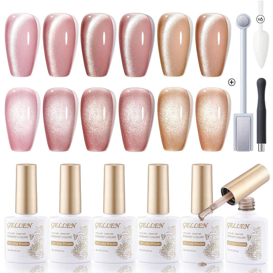 Gellen Glitter Cat Eye Gel Nail Polish Set with Magnet, 6 Colors Pink Nude Gold Gel Polish Kit, Romantic Pink Champagne Manicure Set, Sparkle Gel Polish Gift for Home Salon Nail Design