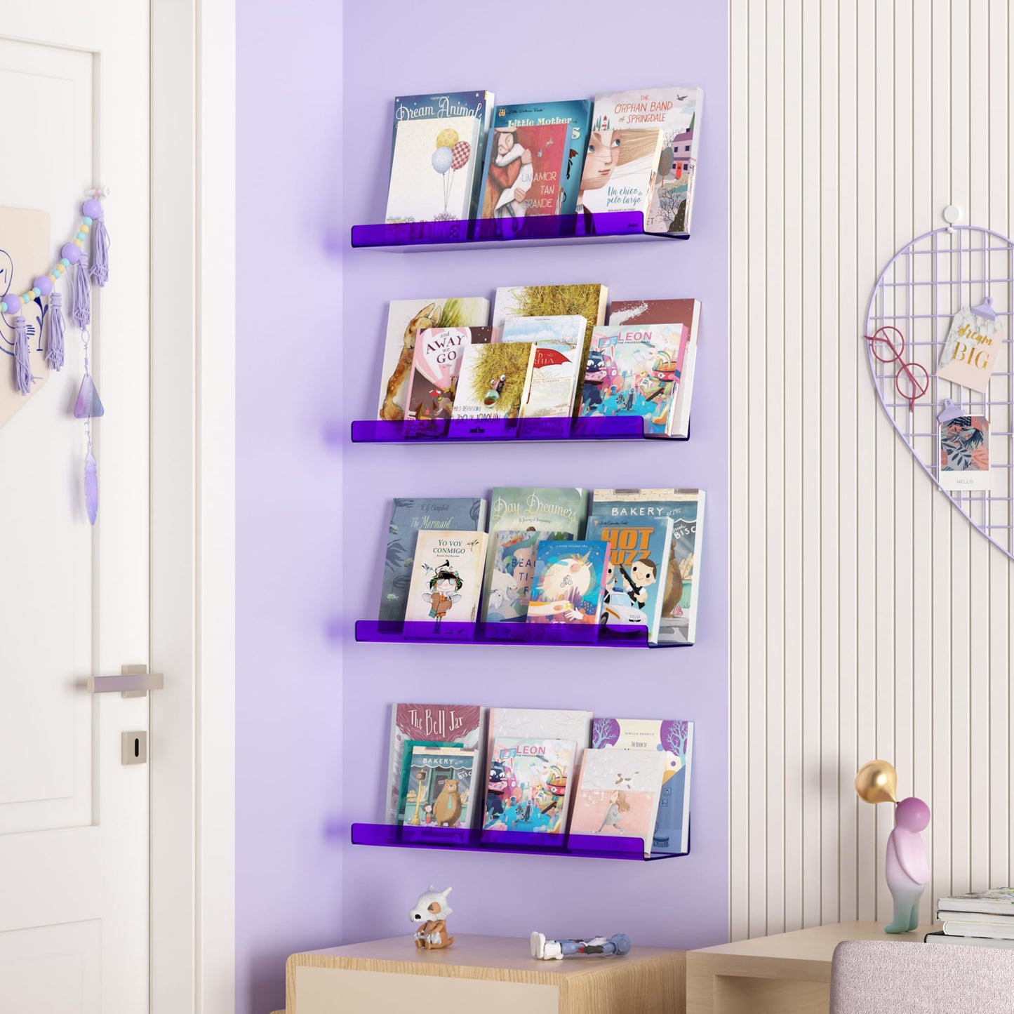 upsimples 4 Pack Acrylic Shelves for Wall Storage, 15" Floating Bookshelves for Kids, Display Shelf Organizer for Bathroom, Bedroom, Living Room, Kitchen, Room Decor, Clear Purple