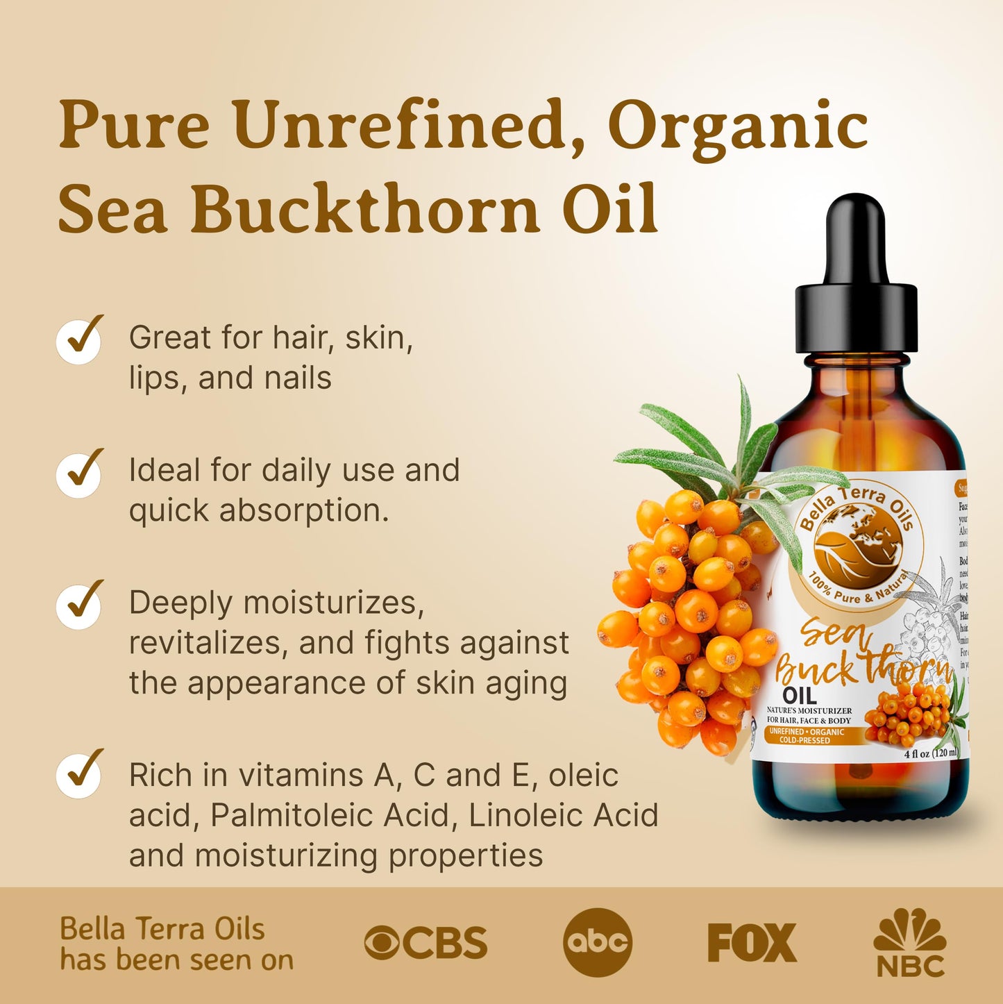 Bella Terra Oils - Organic Sea Buckthorn Oil 8oz - Cold-Pressed Treasure, Bursting with Omega-3 & Omega-6, A Radiant Glow in Every Bottle