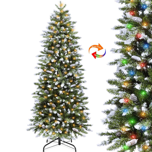 6 Ft Prelit Slim Fraser Fir Artificial Christmas Tree with UL 250 Warm White&Colorful Lights Timer 8 Mode,856 Lifelike PVC Branch Tips,36 Pinecone,Metal Stand &Hinged Branches,Skinny Pencil Xmas Tree