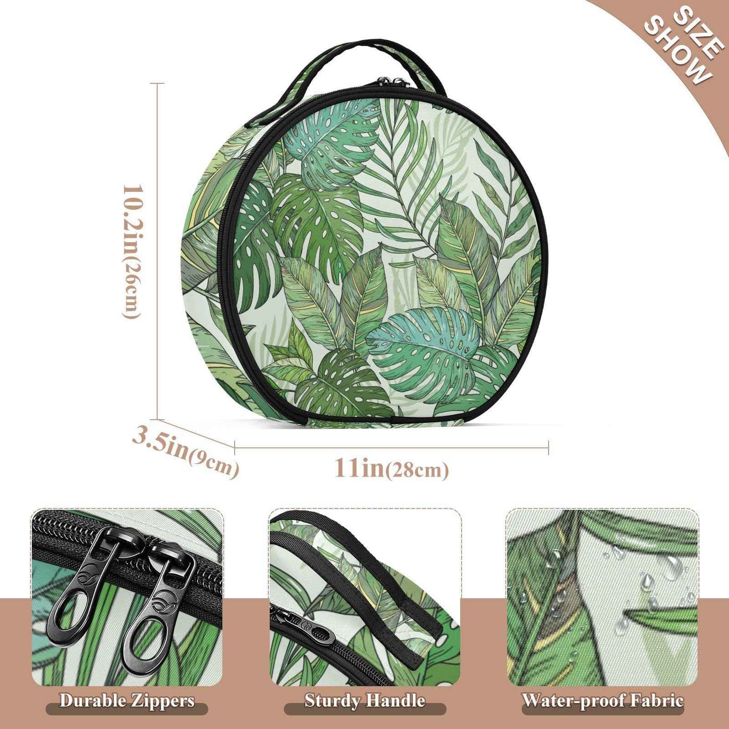 senya Round Cosmetic Pouch Travel Makeup Train Case Tropical Palm Leaves Makeup Organizer Bag with Adjustable Dividers Portable for Cosmetics Makeup Brushes Toiletry Jewelry Accessories