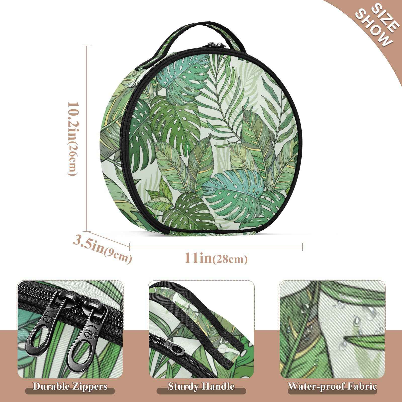 senya Round Cosmetic Pouch Travel Makeup Train Case Tropical Palm Leaves Makeup Organizer Bag with Adjustable Dividers Portable for Cosmetics Makeup Brushes Toiletry Jewelry Accessories
