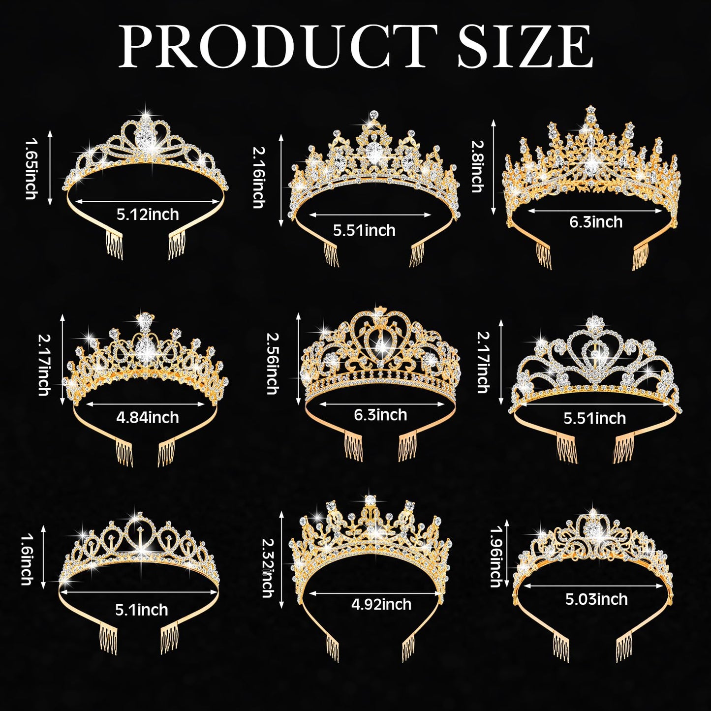 Zeyune 9 Pcs Tiaras and Crowns for Women Crystal Princess Tiara Rhinestone Brides Crown Tiara Queen Crown with Combs for Wedding Birthday Quinceanera Pageant Prom Hair Accessories(Gold)