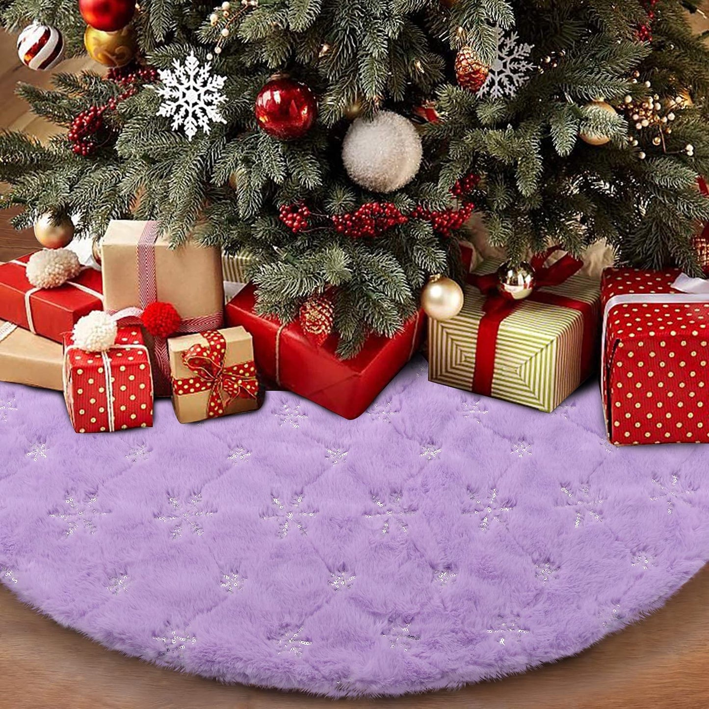 yuboo Purple Faux Fur Christmas Tree Skirt with Silver Snowflakes, 48 Inches Lavender Xmas Tree Mat for Purple Christmas Decorations&Ornaments