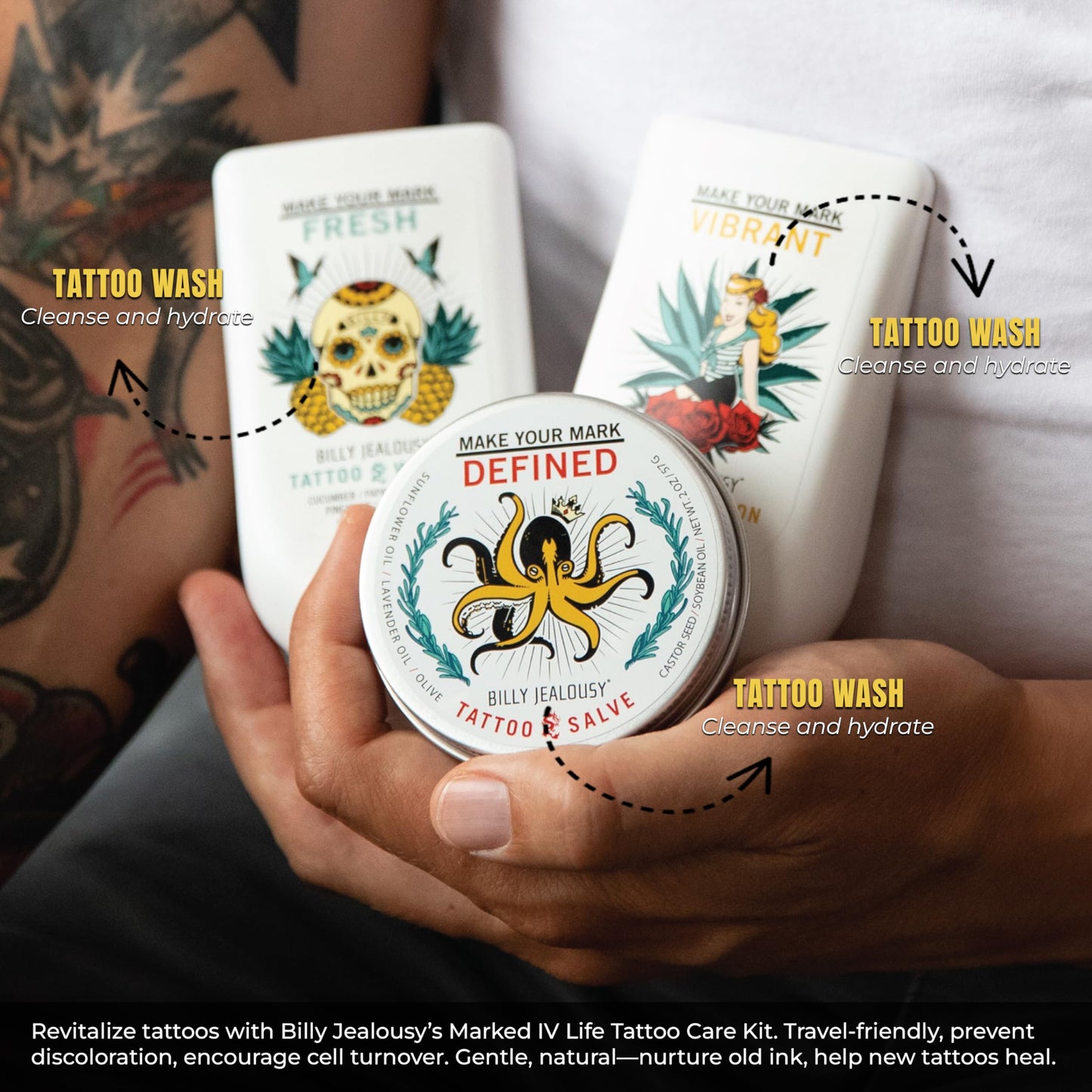 Billy Jealousy Marked IV Life Complete Tattoo Care Kit, Includes Tattoo Defining Aftercare Salve, Brightening Tattoo Wash and Moisturizing Tattoo Lotion, Travel Friendly Size