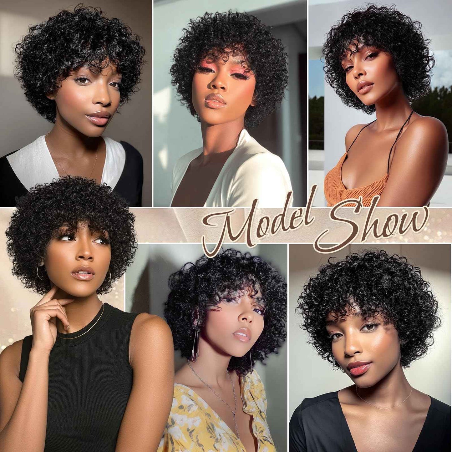 RUWISS Short Curly Human Hair Wig 10 Inch Brazilian Kinky Curly Wigs with Bangs for Black Women - Wear and Go Glueless Short Wig, ZF-003 Black Brown