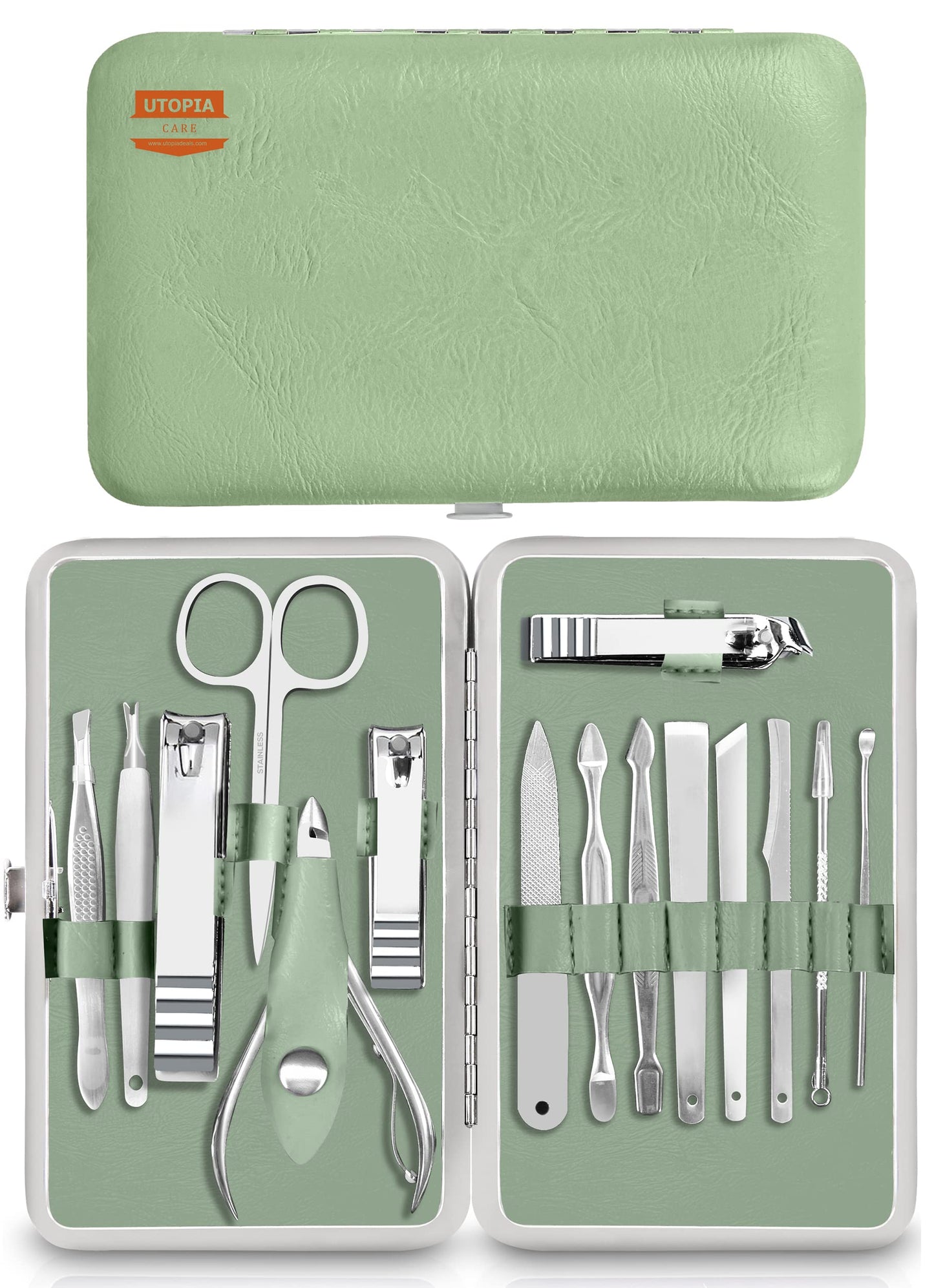 Utopia Care Manicure Kit Nail Clippers for Men and Women,15 Piece Professional Stainless Steel Manicure Set with Nail Kit, Pedicure Kit and Nail Care Grooming Kit with Luxurious Travel Case - Green