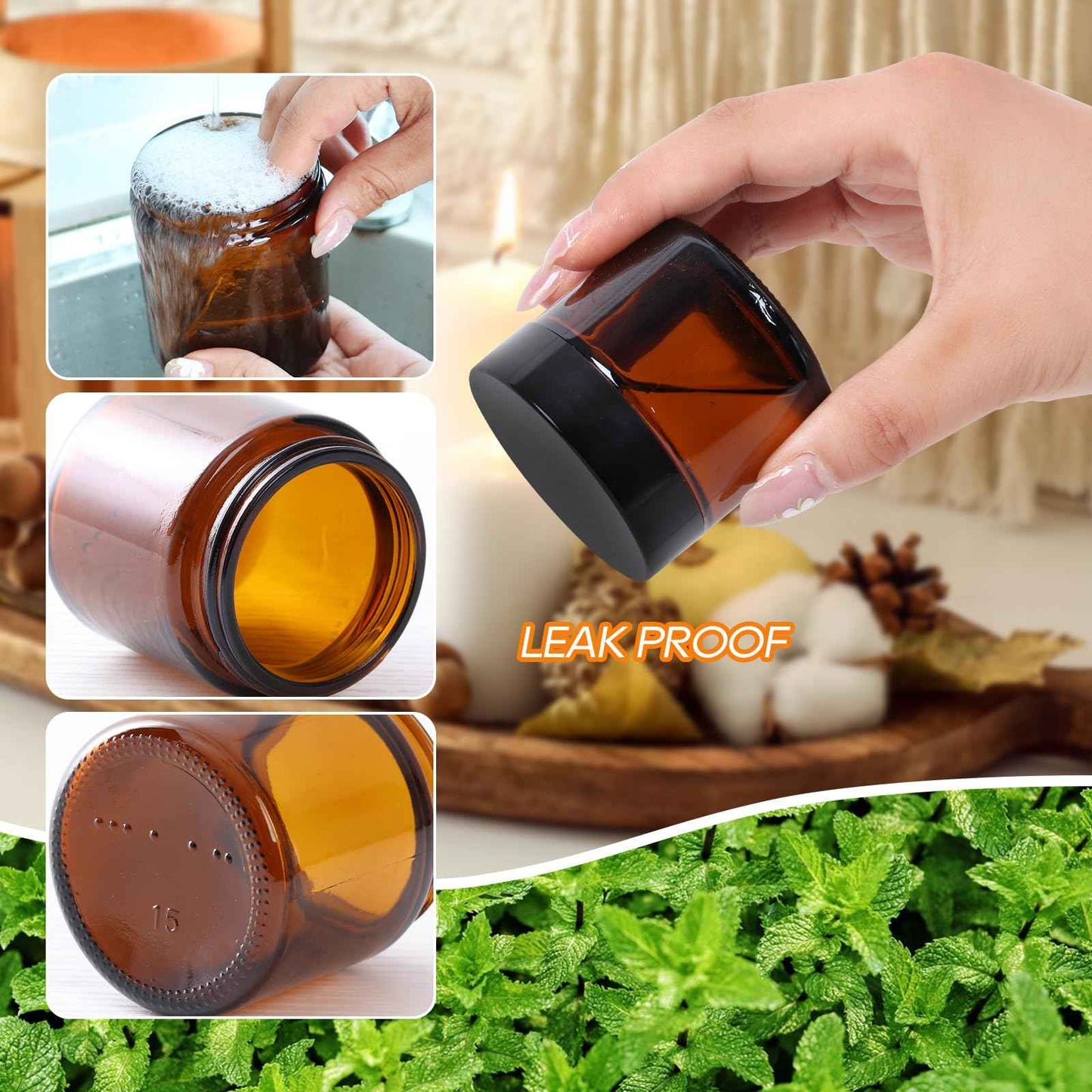 3 Pack 2 oz Amber Glass Jars with lids, Cosmetic Jars with Inner Liners and Black Lids, Lotion Jars, Candle Making Jars for Lotions, Scrubs and Cosmetic, Lables and Spatulas Include