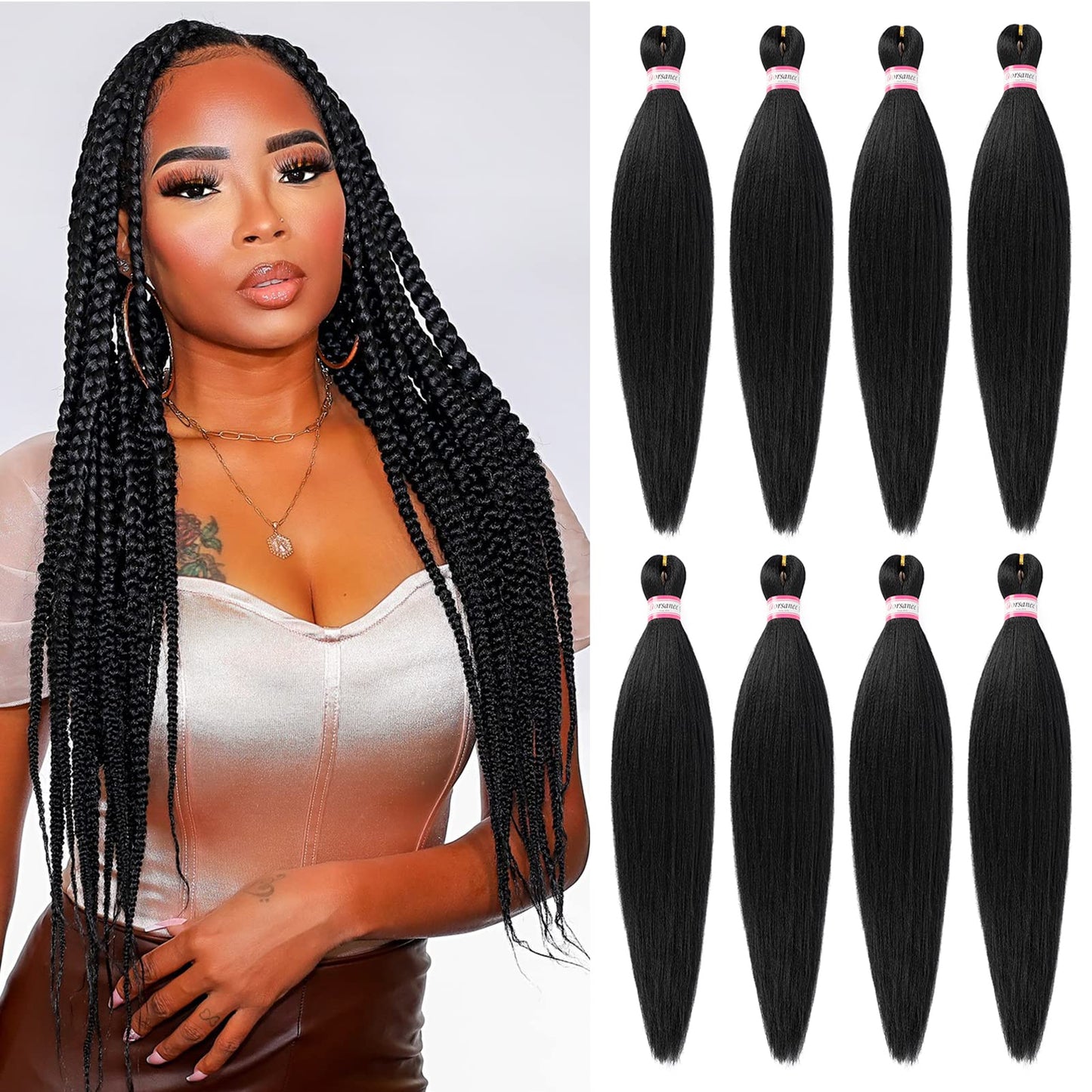 Pre-stretched Braiding Hair Professional Easy Crochet Braid Hair 20 Inch 8 Packs Hot Water Setting Soft Synthetic Braiding Hair Extension for Twist Senegalese Crochet Hair (#1B)