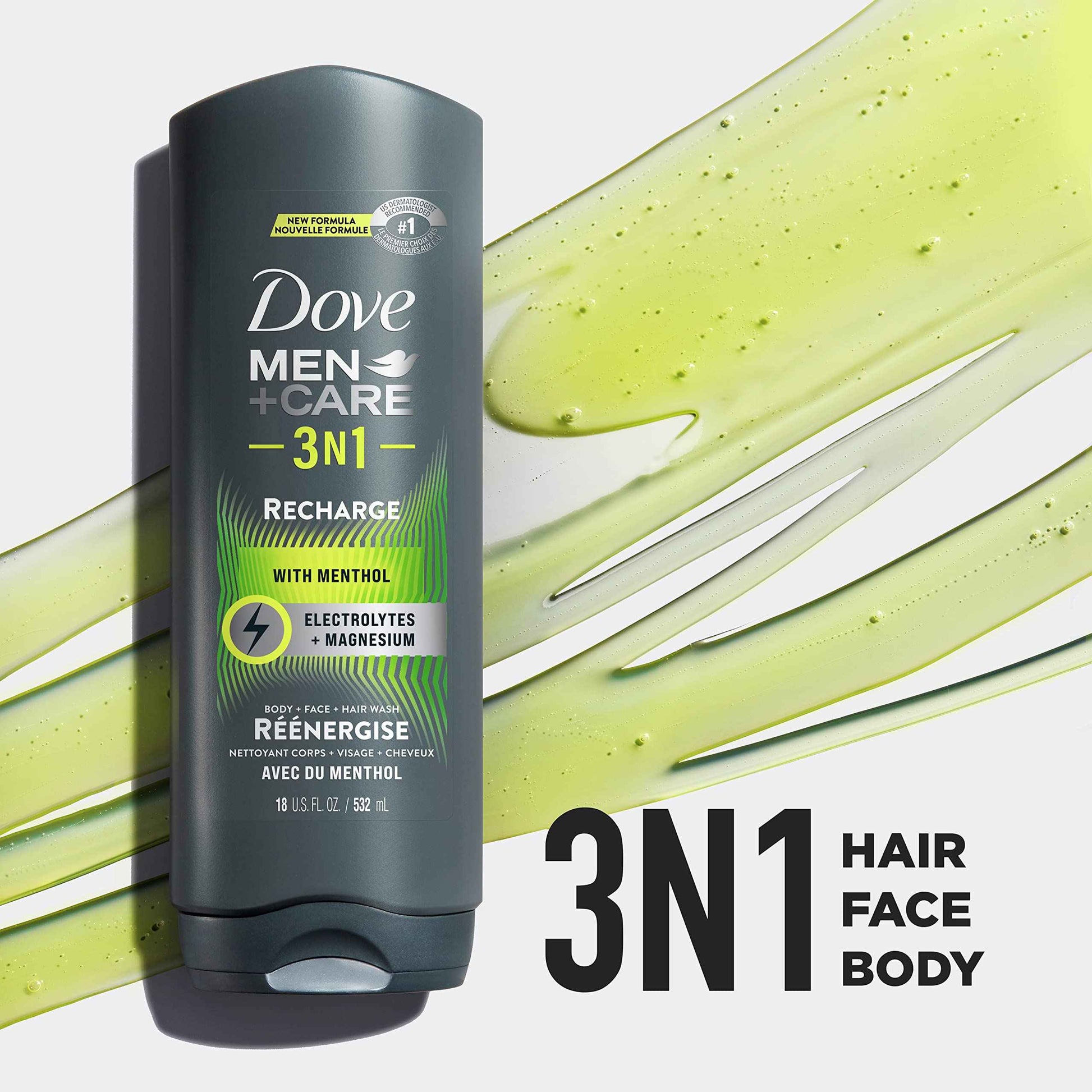 DOVE MEN + CARE Post-Workout Body Wash 3N1 Recharge 4 Count For Men With Menthol, 18 oz