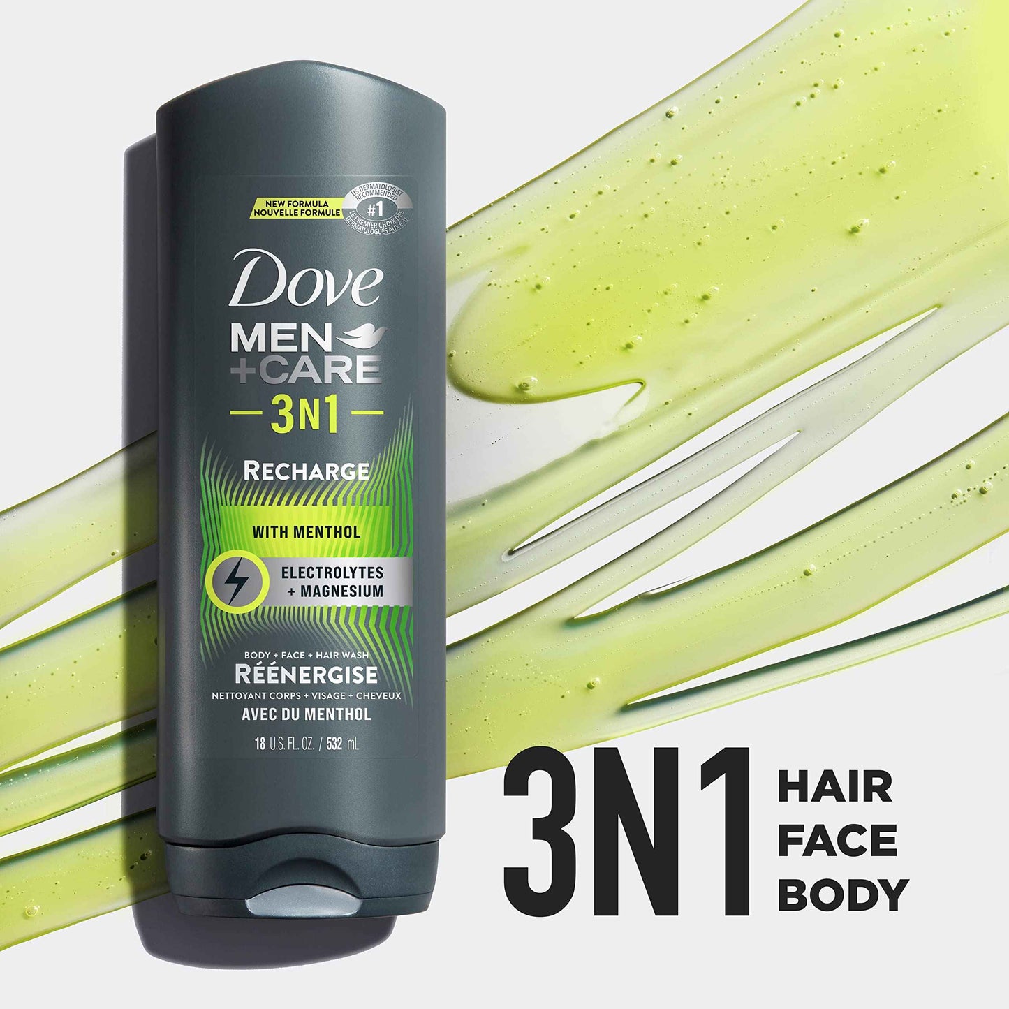 DOVE MEN + CARE Post-Workout Body Wash 3N1 Recharge 4 Count For Men With Menthol, 18 oz
