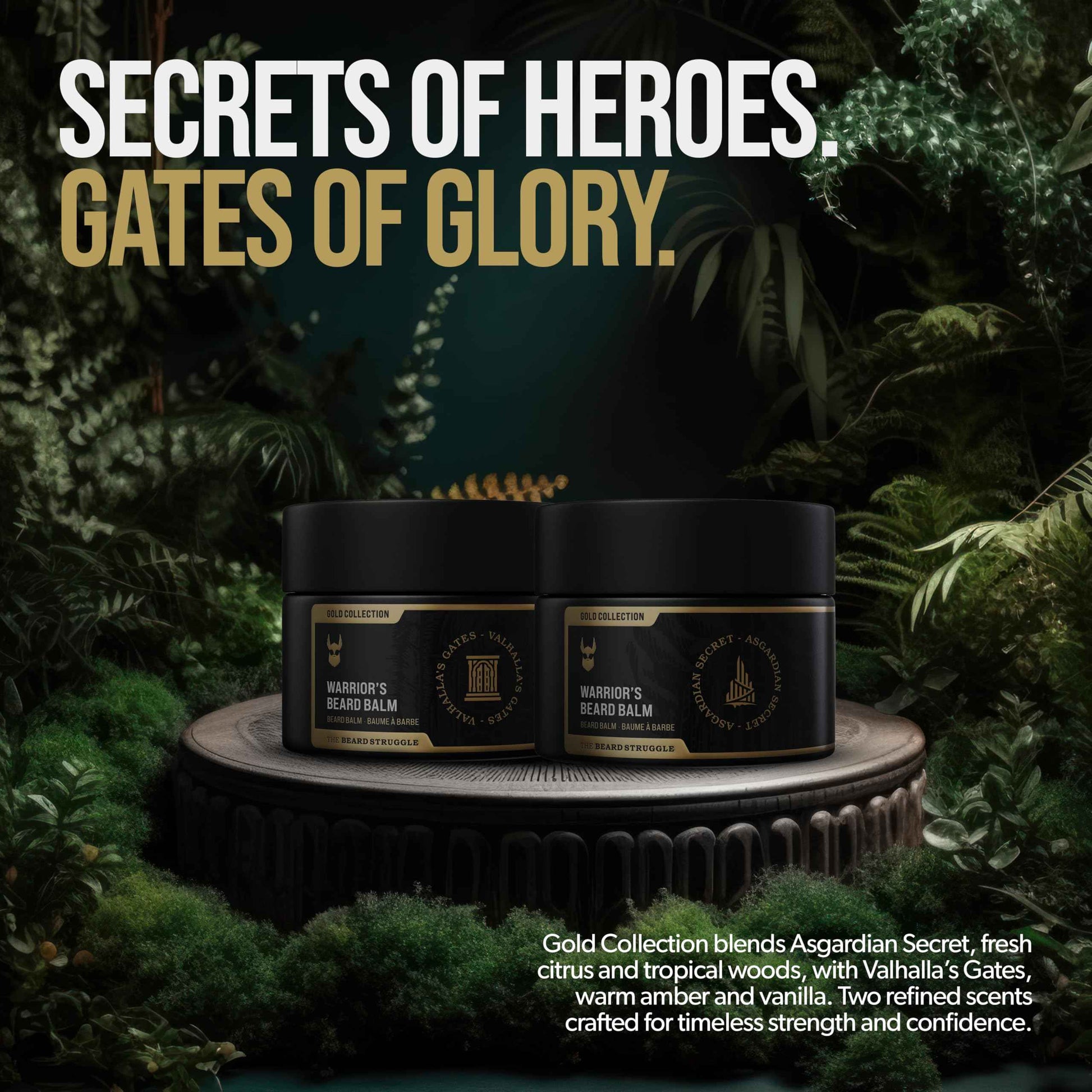 The Beard Struggle Warrior’s Beard Balm - Gold Collection, Valhalla's Gates - Non-Greasy Low-Hold Formula, Luxurious Cologne-Grade Fragrances 100% Natural and Plant-Based Ingredients - 50g