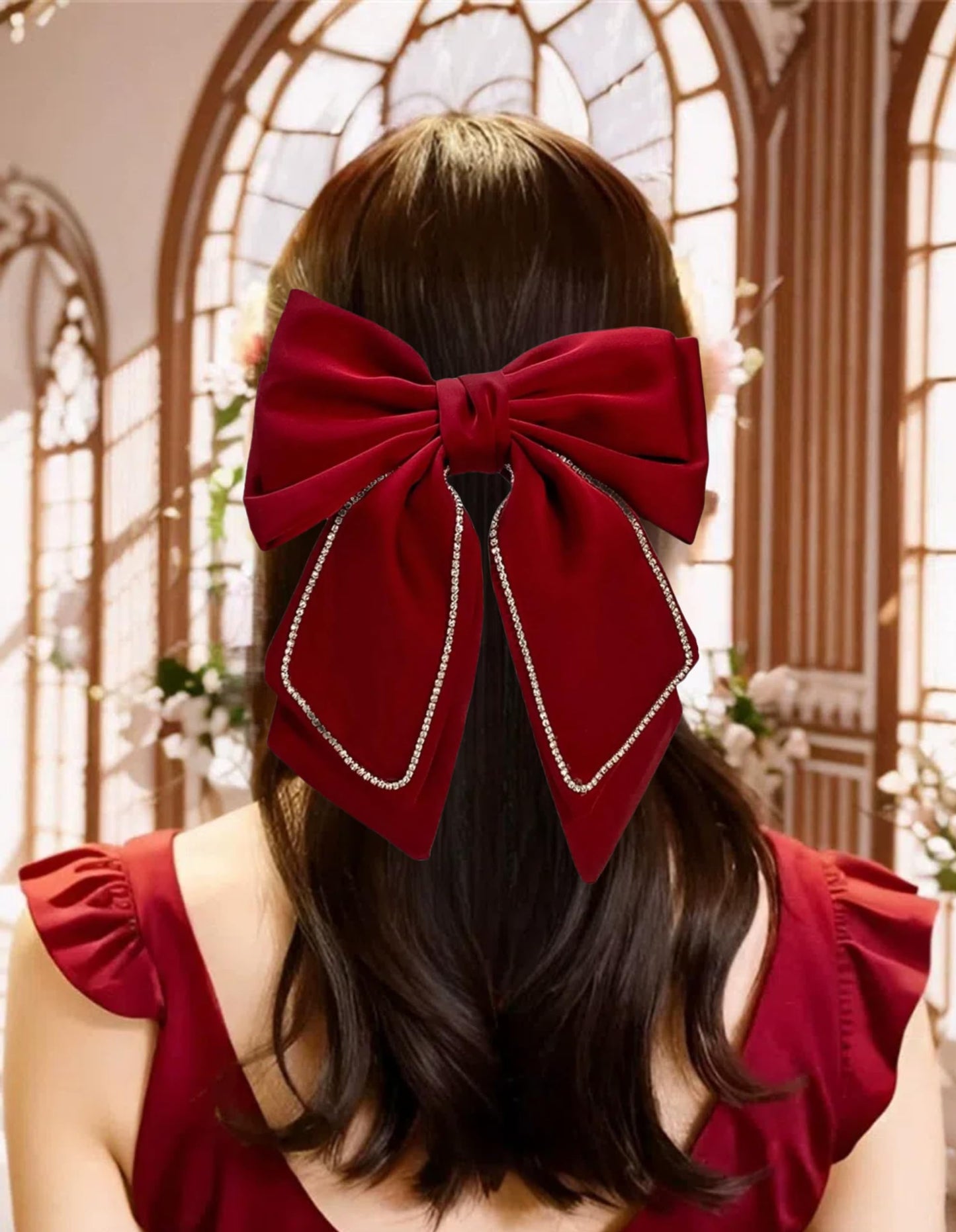 Christmas Hair Bows,Hair Bow Clip, Silky Satin Hair Bows for Women Hair Ribbons Oversized Long Tail Black Hair Bow and Red Hair Bow Hair Barrettes, Metal Clips Bowknot Hair Accessories(Red)