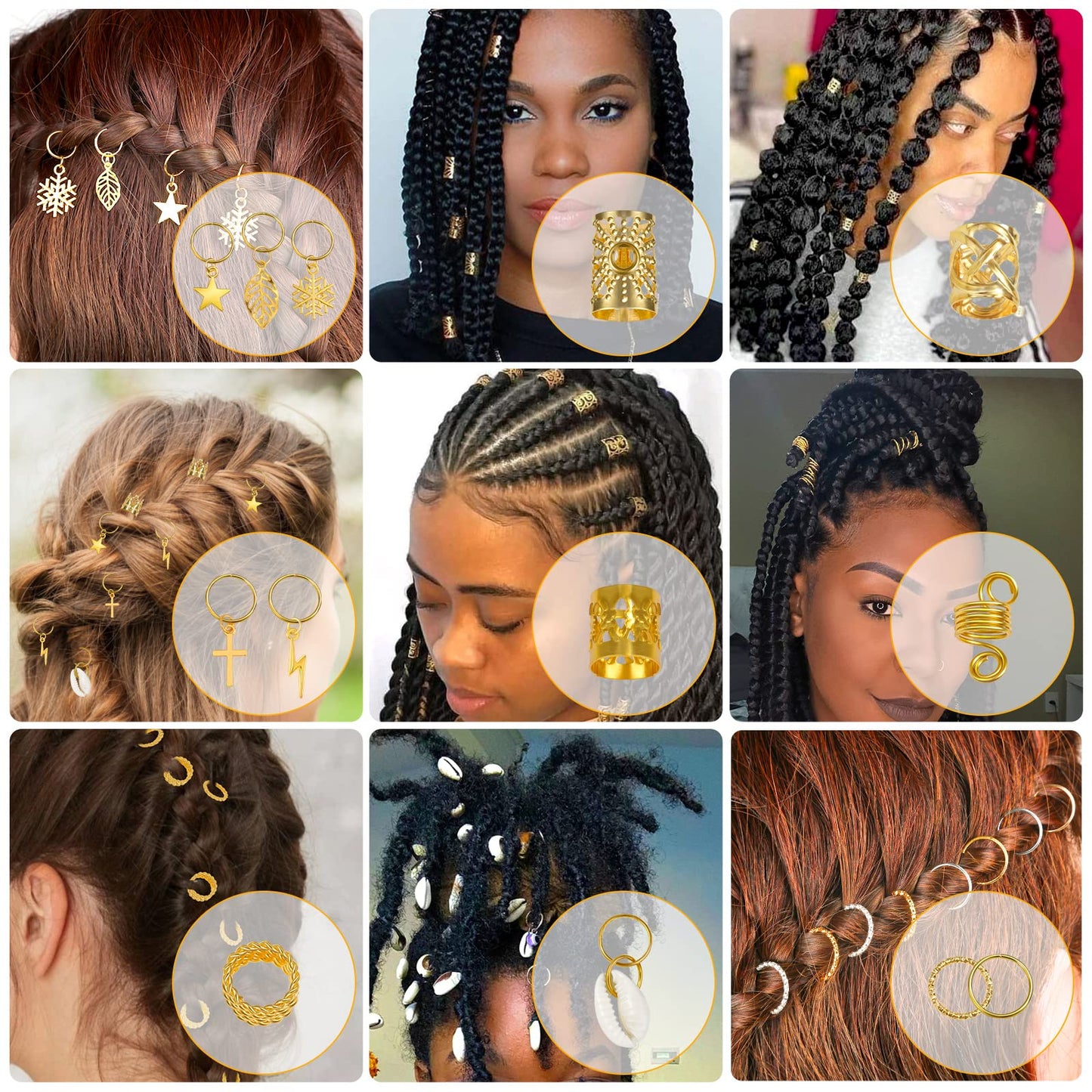 Lucomb 259 Pcs Hair Jewelry for Braids, Loc Jewelry for Hair Dreadlock for Women, Metal Gold Rings Cuffs Clips for Dreadlock Accessories Hair Braids Jewelry Decorations
