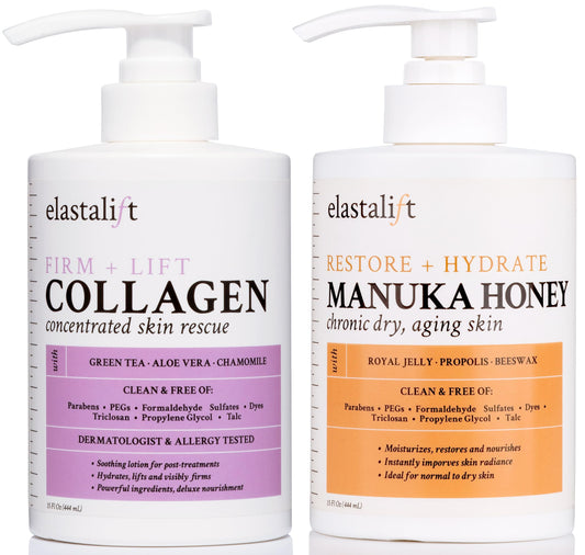 Elastalift Collagen Cream + Manuka Honey Cream Body Lotion & Face Moisturizer Skin Care Bundle For Women & Men | Skin Tightening Collagen Firming Lotion For Crepey Skin, Dry Skin, & Wrinkles, 2PC Set