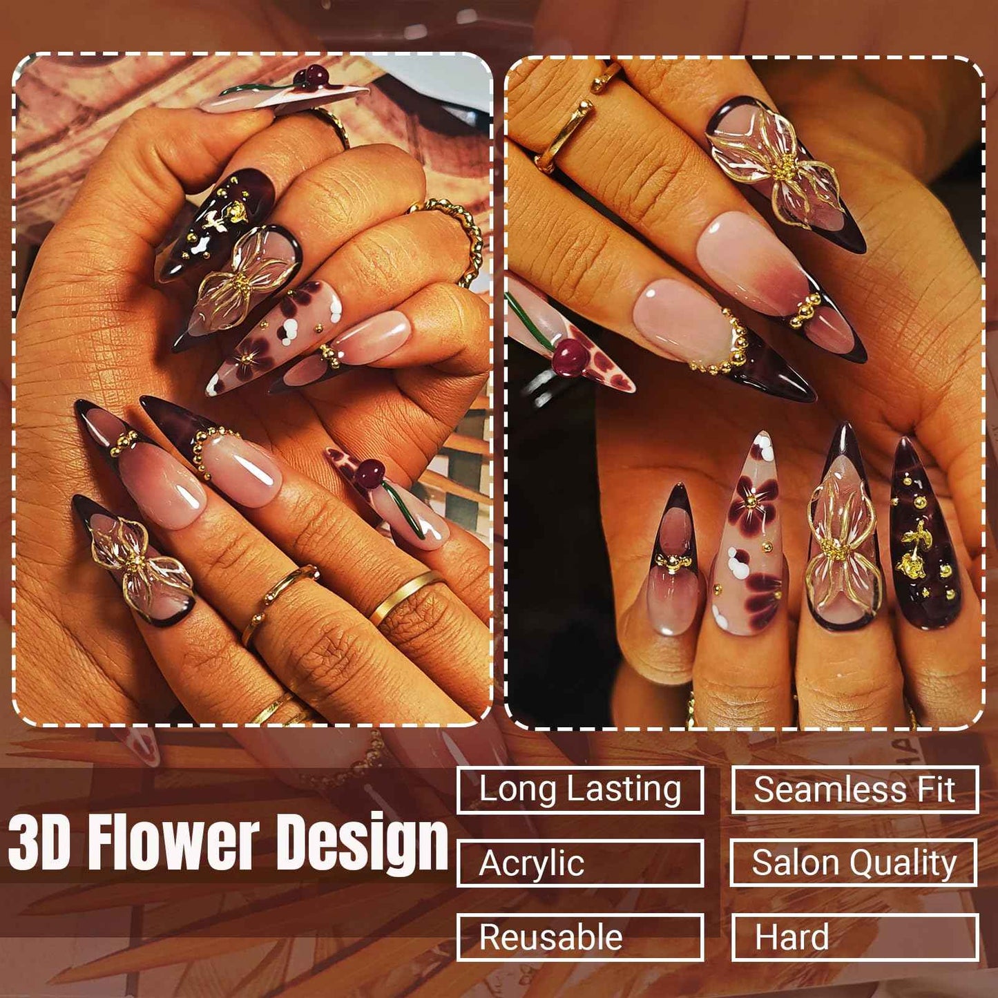 Handmade Press On Nails Stiletto, Brown Press On Nails Long, Flower 3D Acrylic Nails French Tip Blooming Amber Cherry For Women Gift, Reusable Stick On Fake Nails Kit With Nail Glue(Blooming Cherry-M)
