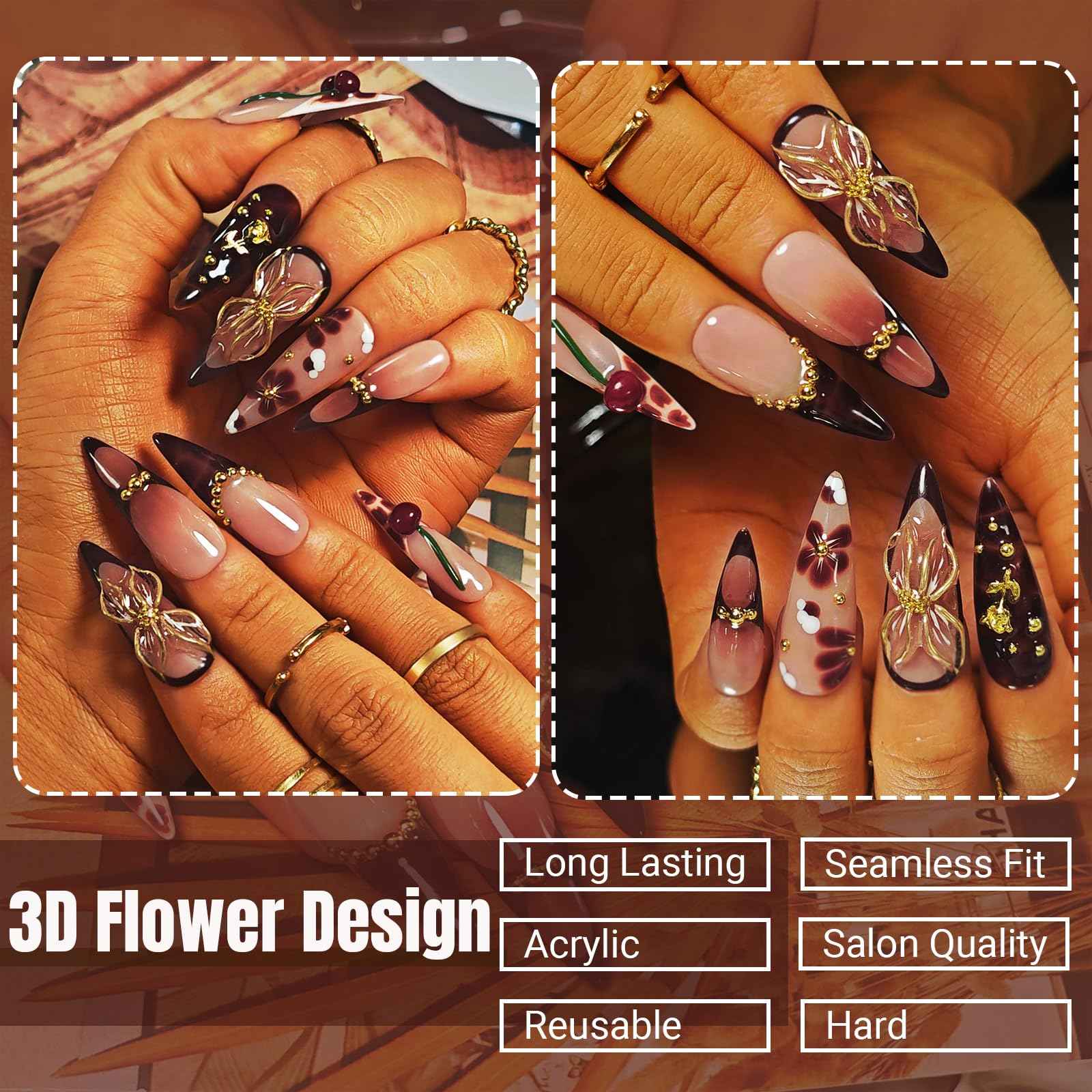 Handmade Press On Nails Stiletto, Brown Press On Nails Long, Flower 3D Acrylic Nails French Tip Blooming Amber Cherry For Women Gift, Reusable Stick On Fake Nails Kit With Nail Glue(Blooming Cherry-M)