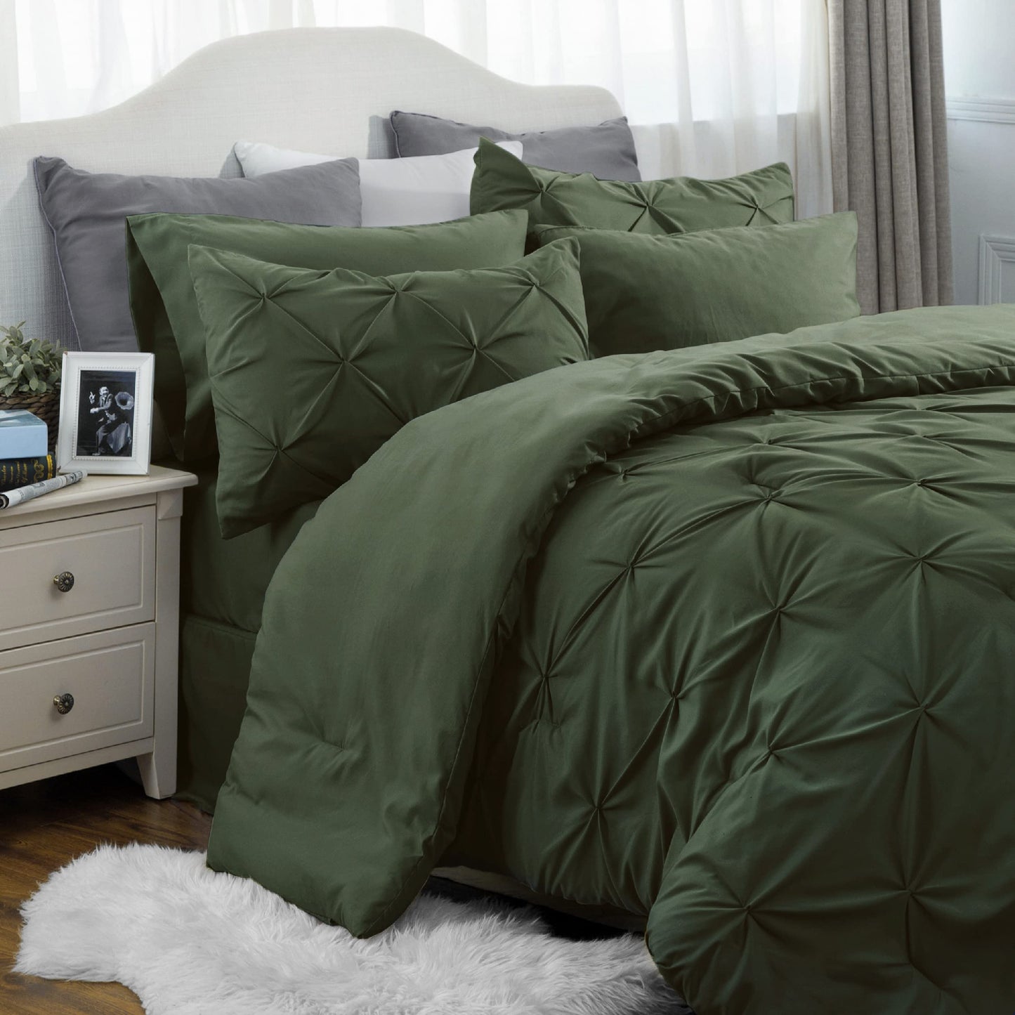 Bedsure Twin Comforter Set with Sheets - 5 Pieces Twin Bedding Sets, Pinch Pleat Olive Green Twin Bed in a Bag with Comforter, Sheets, Pillowcase & Sham